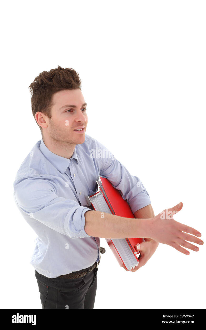 Ritratto verticale del giovane con le cartelle Foto Stock