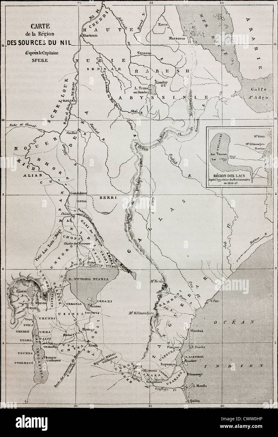 Mappa vecchia delle sorgenti del Nilo regione Foto Stock
