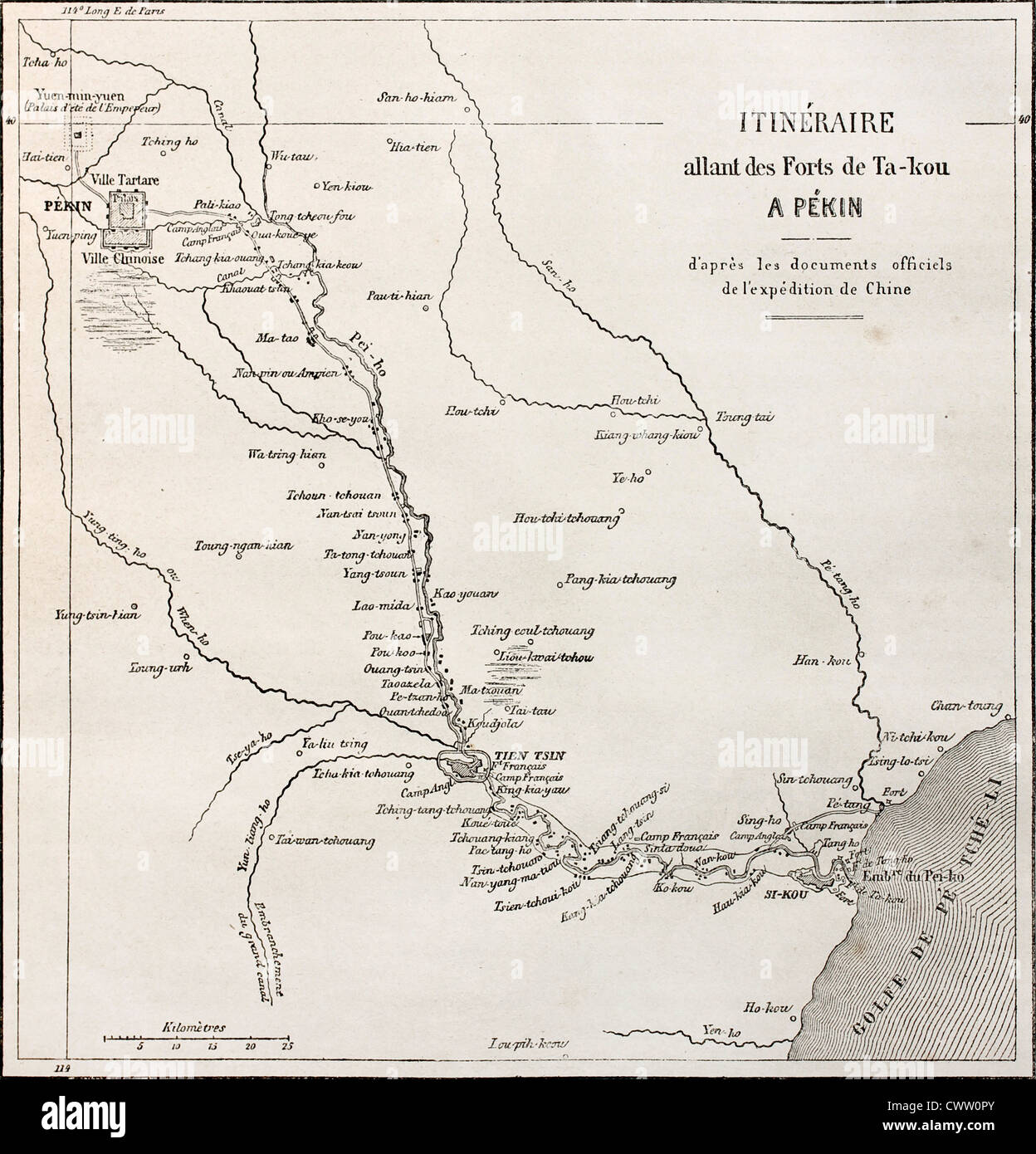 Mappa vecchia di itinerario da Taku Forts a Pechino Foto Stock