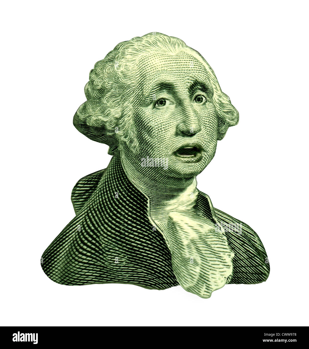 Direzione del dollaro degli Stati Uniti bill simbolo con il vintage ritratto di George Washington con un parlare expresion mostra preoccupazione per il downgrade moneta americana durante un pericoloso recesion e l'economia degli Stati Uniti. Foto Stock