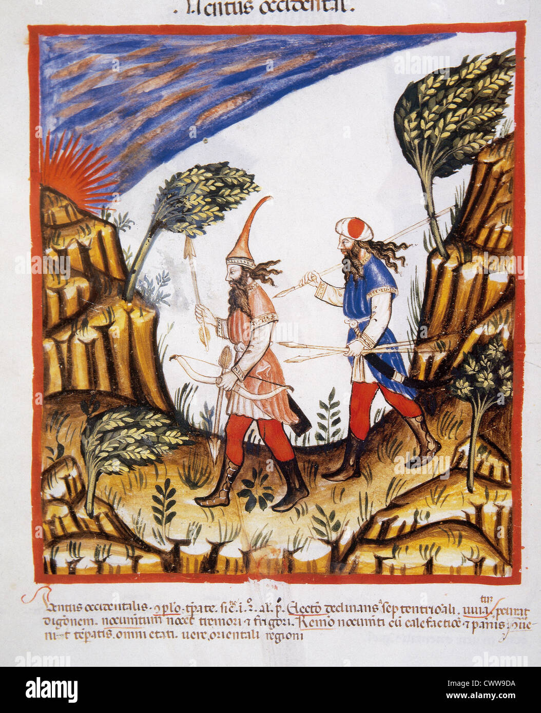 Tacuinum Sanitatis. Il XIV secolo. Manuale medievale di salute. Cacciatori con arco e frecce. Miniatura. Fol. 57v. Foto Stock