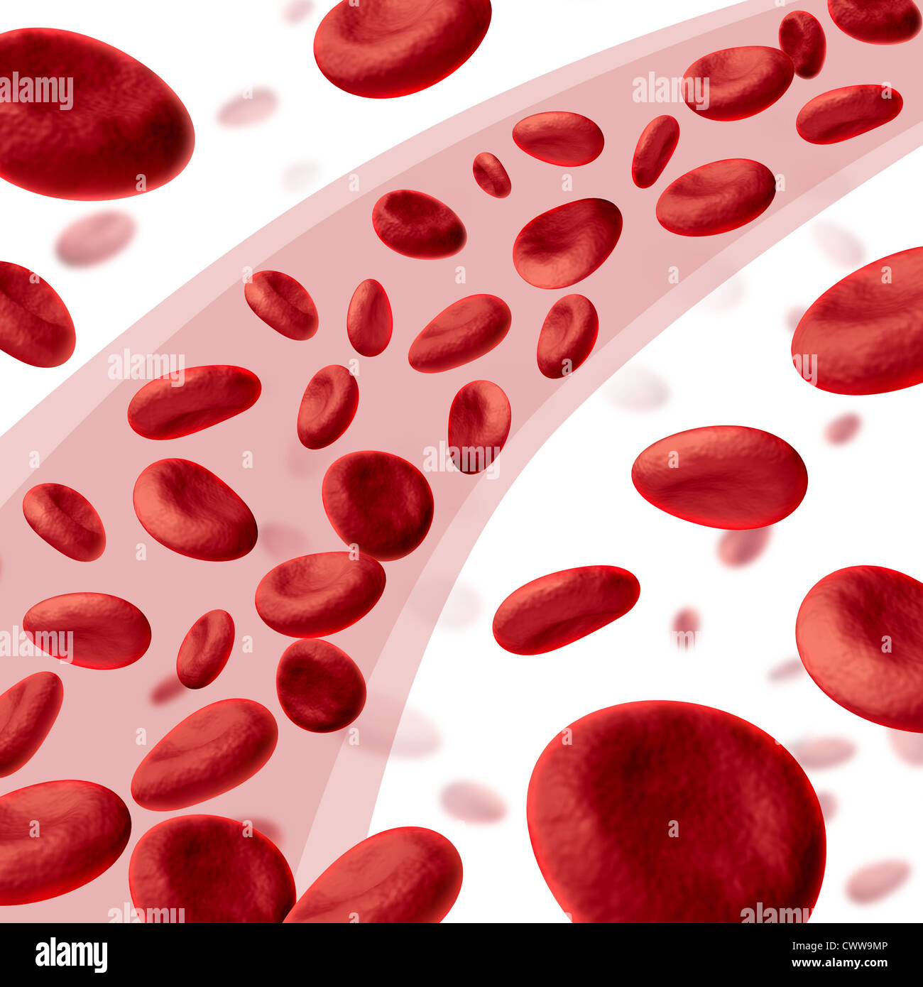 Le cellule rosse del sangue che scorre attraverso le vene e umano sistema circolatorio che rappresenta un medico health care simbolo. Foto Stock