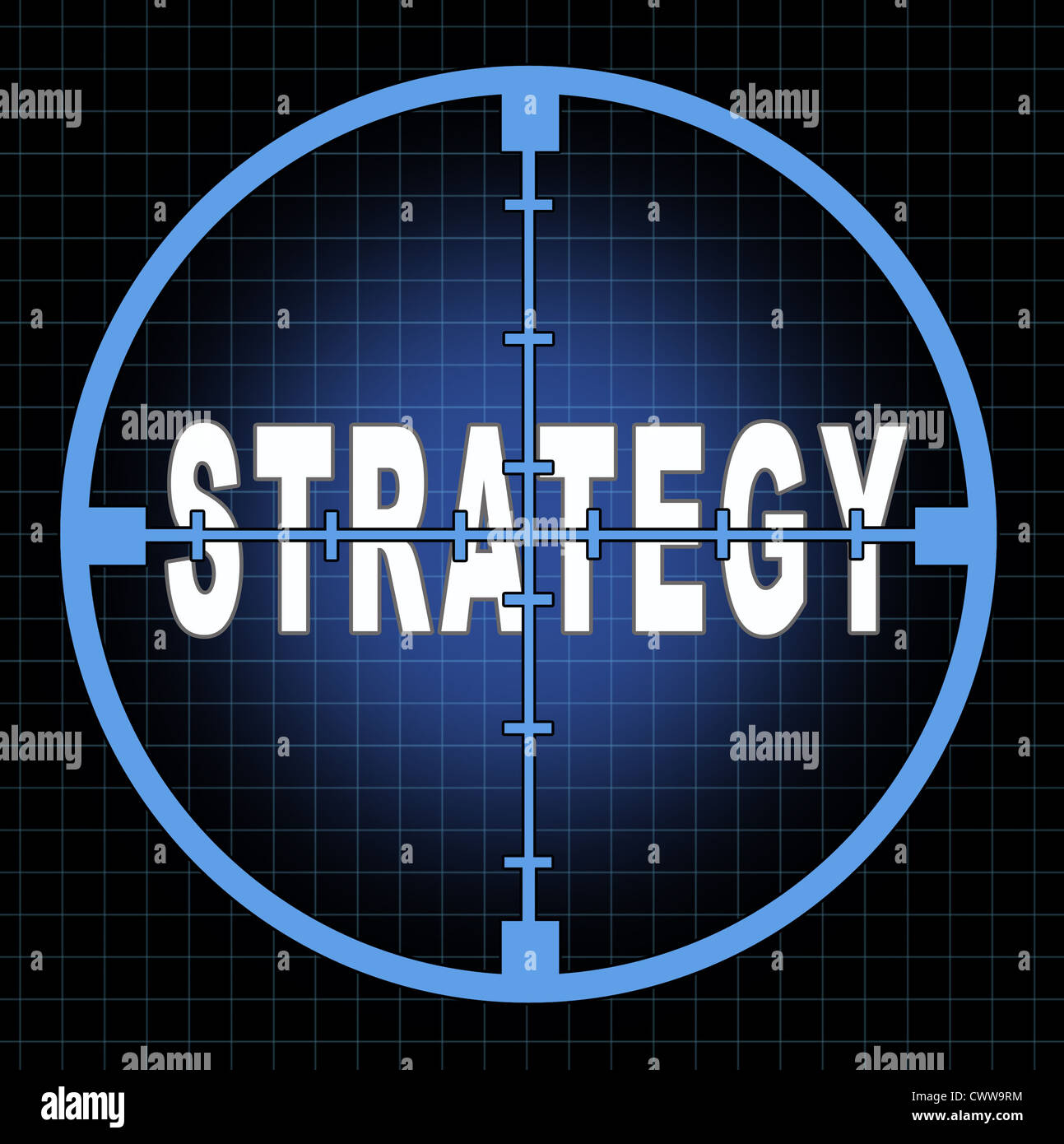 Strategia e concentrarsi sul raggiungimento degli obiettivi di business e di pianificazione rappresentato da un mirino di puntamento con il testo che illustra il concetto di vedere chiaramente la finalità strategica e passione per ottenere successo programmato. Foto Stock