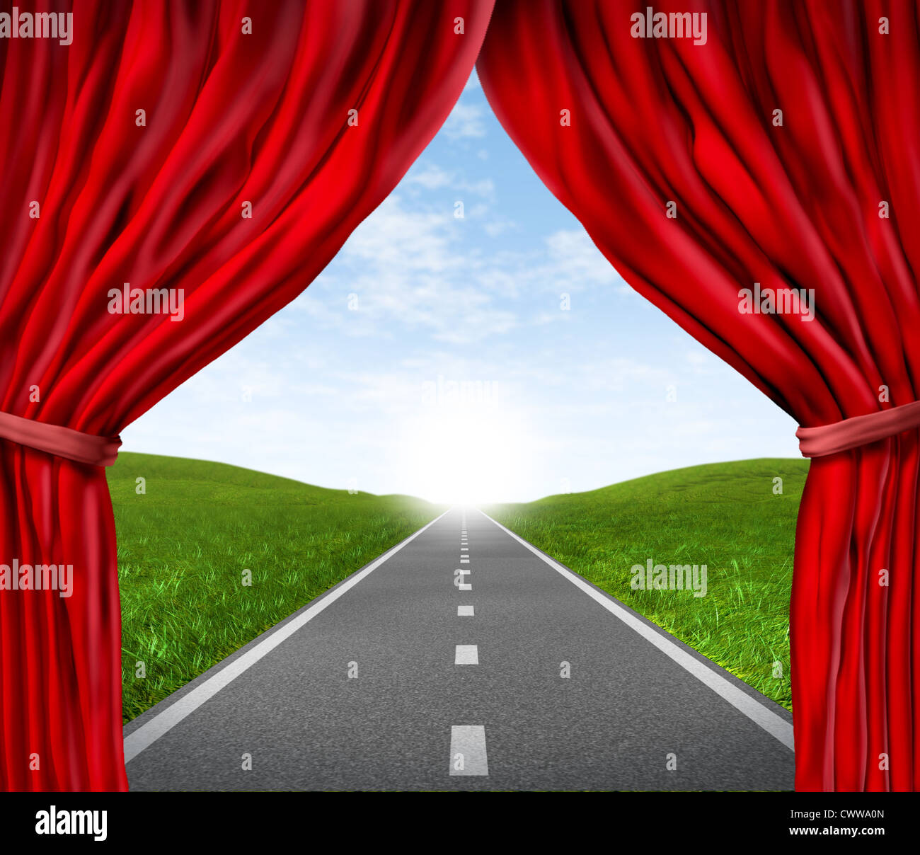 Strada aperta autostrada e velluto rosso tende oscuranti con erba verde e la strada asfaltata che rappresenta il concetto di viaggio verso una destinazione concentrato risultante in successo e felicità. Foto Stock