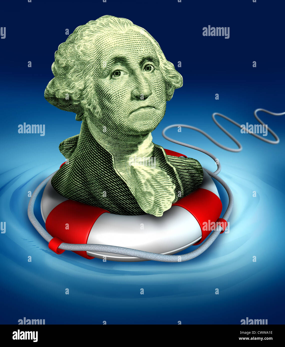 Drowning dollaro simbolo con il vintage ritratto di George Washington con un salvagente nel risparmio di acqua il retrocesso moneta americana durante un pericoloso recesion e l'economia degli Stati Uniti. Foto Stock