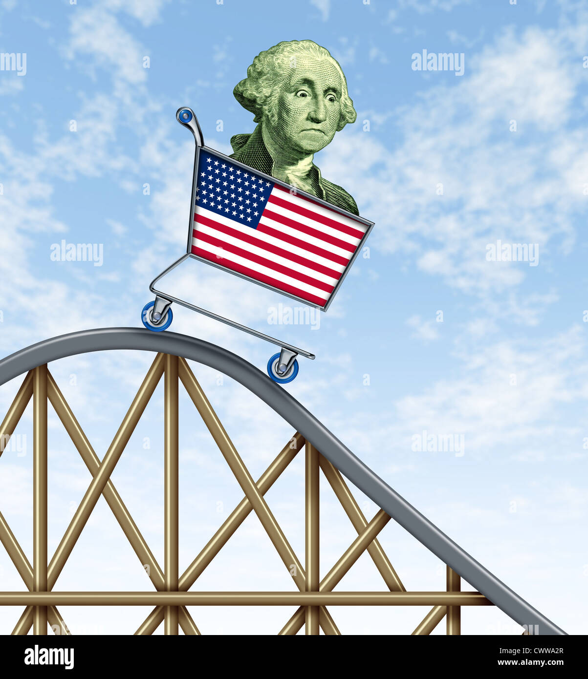 Economica rollercoaster ride che rappresenta il valore di caduta del dollaro americano a causa di economia internazionale lo stress rappresentato dalla caduta di un carrello con George Washington in esso. Foto Stock