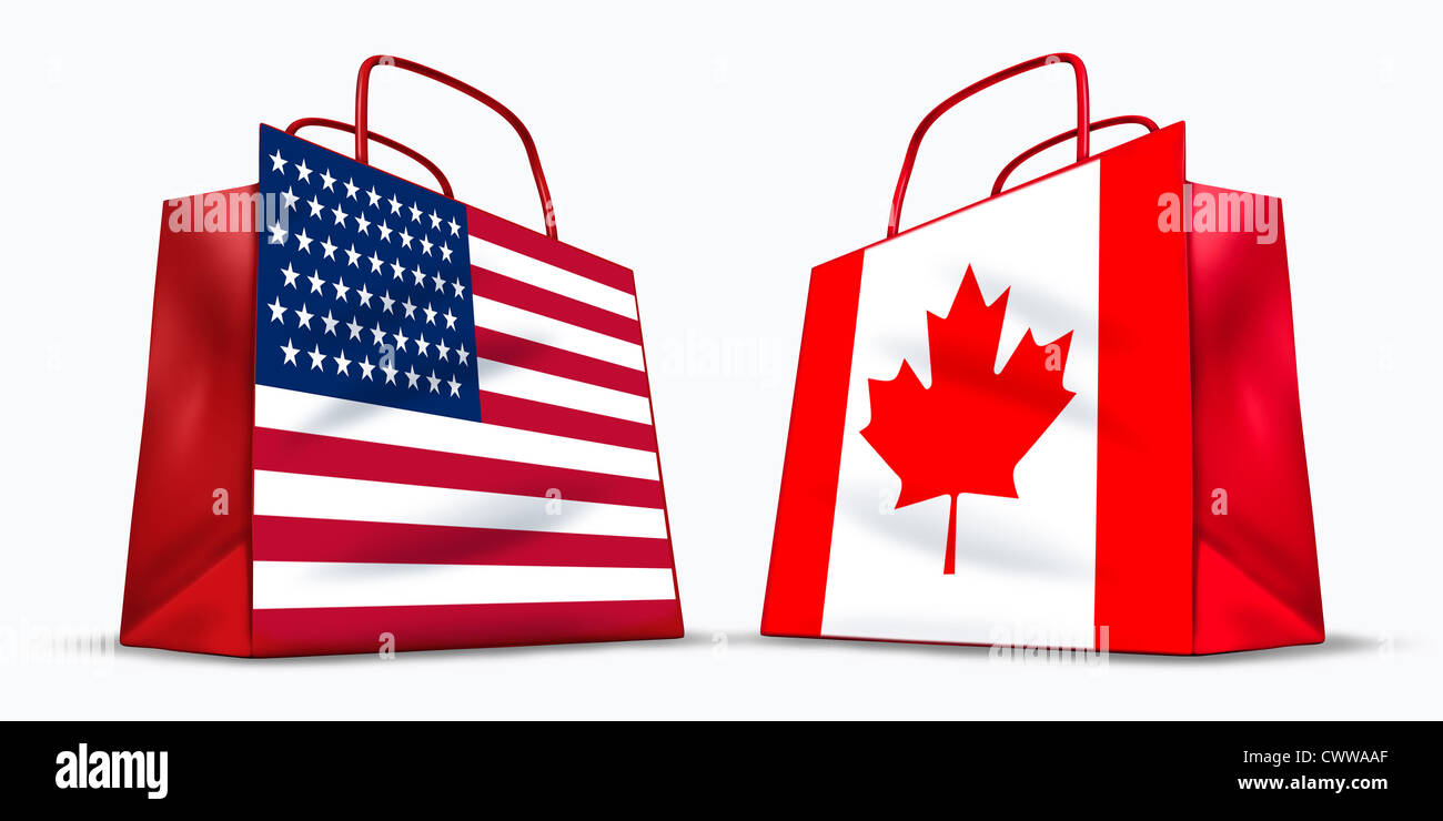 Stati Uniti e Canada trade simbolo rappresentato da due red borse per lo shopping con gli americani e canadesi con la bandiera a stelle e strisce e la foglia di acero simbolo che mostra il concetto di trading. Foto Stock