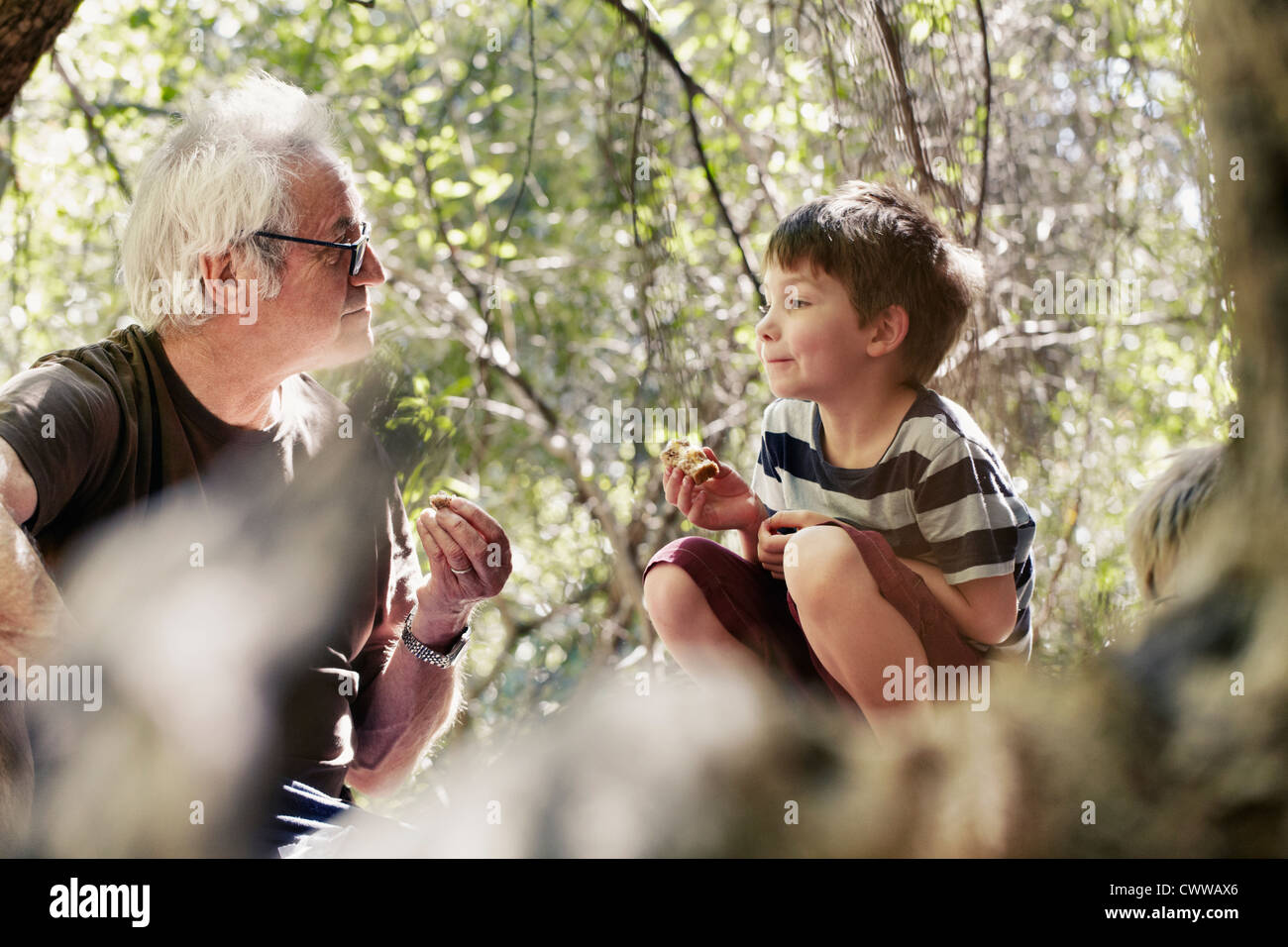 Il padre e i suoi figli giocare nella foresta Foto Stock