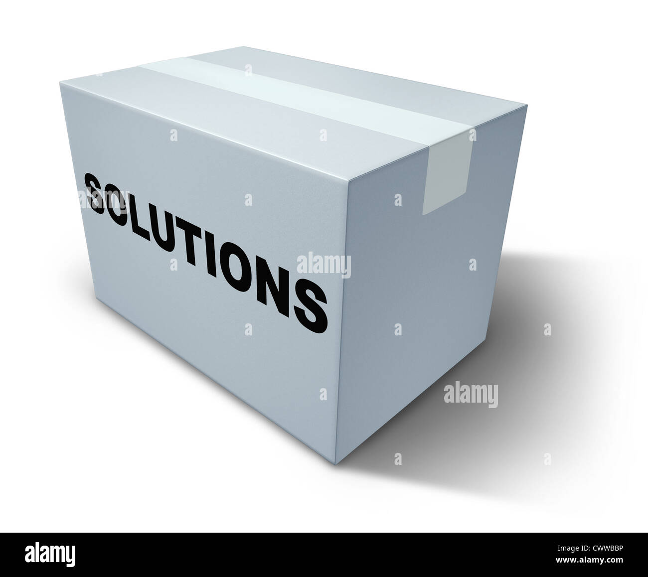 Soluzioni e risposte su una casella bianca che rappresentano le strategie creative per la risoluzione di un problema e pianificazione all'interno di una scatola chiusa che può essere aperto per rivelare la direzione positiva per un'azienda. Foto Stock