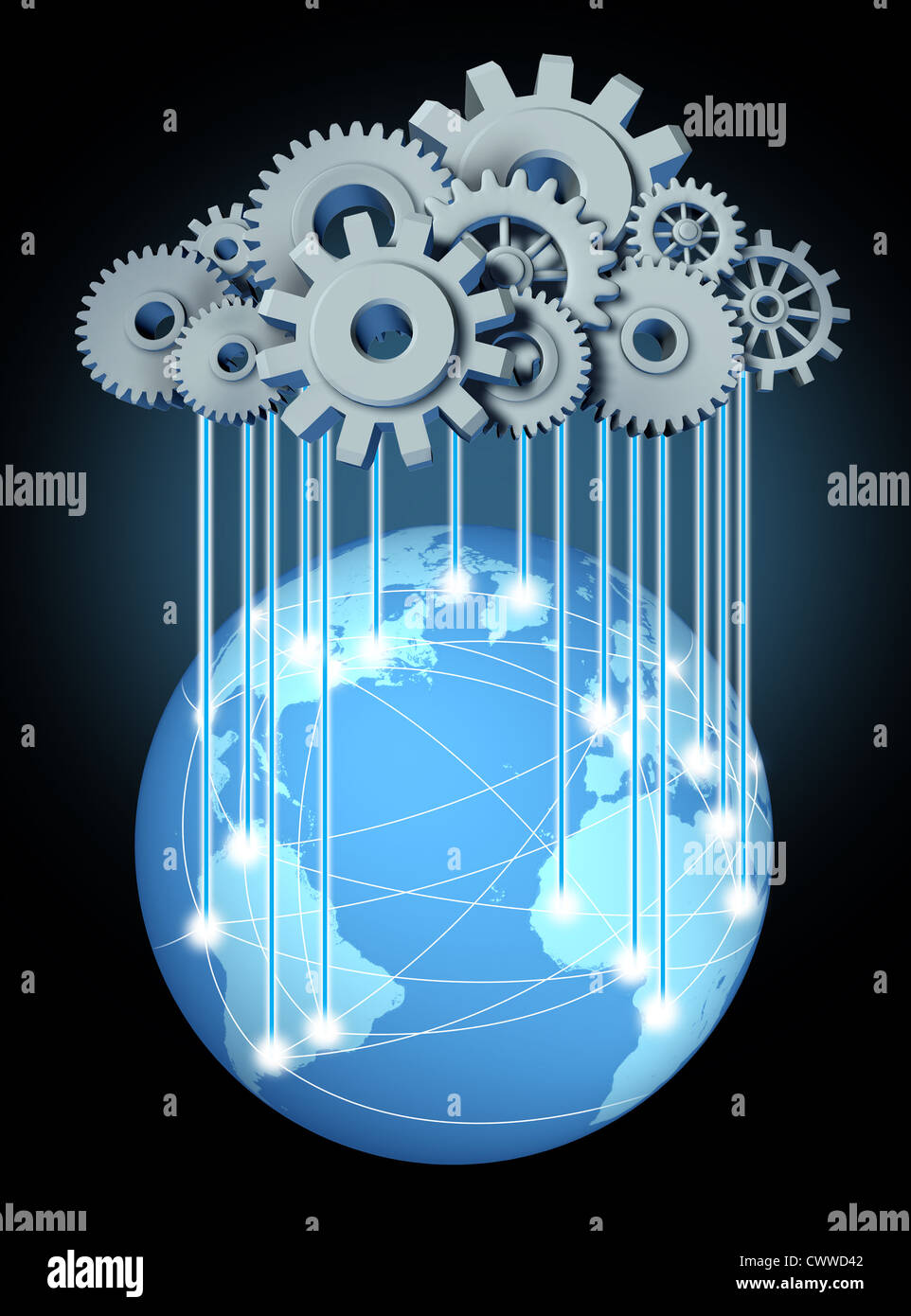 Global Networking cloud computing simbolo di rete con una nuvola e la pioggia in forma di ingranaggi e ruote dentate che rappresentano l'espansione Foto Stock