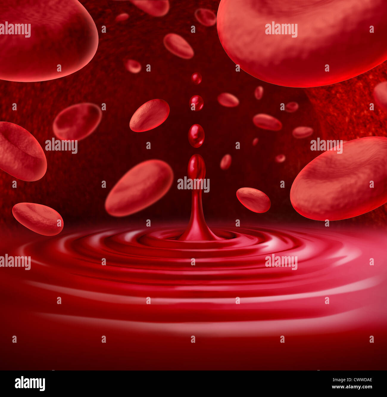 Sangue umano simbolo con le cellule del sangue che fluisce attraverso una vena o arteria con un pool di sangue e un tocco che rappresenta il concetto Foto Stock