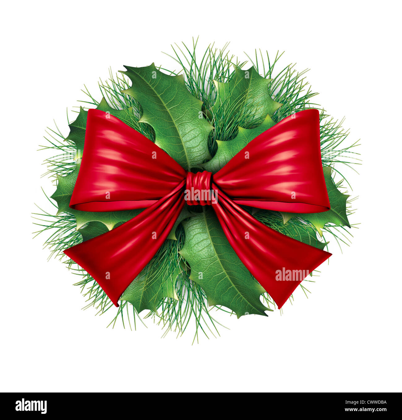 Di seta rossa con arco circolare di pino ornamentali decorazione di vacanza per Natale festosa celebrazione invernale su uno sfondo bianco. Foto Stock