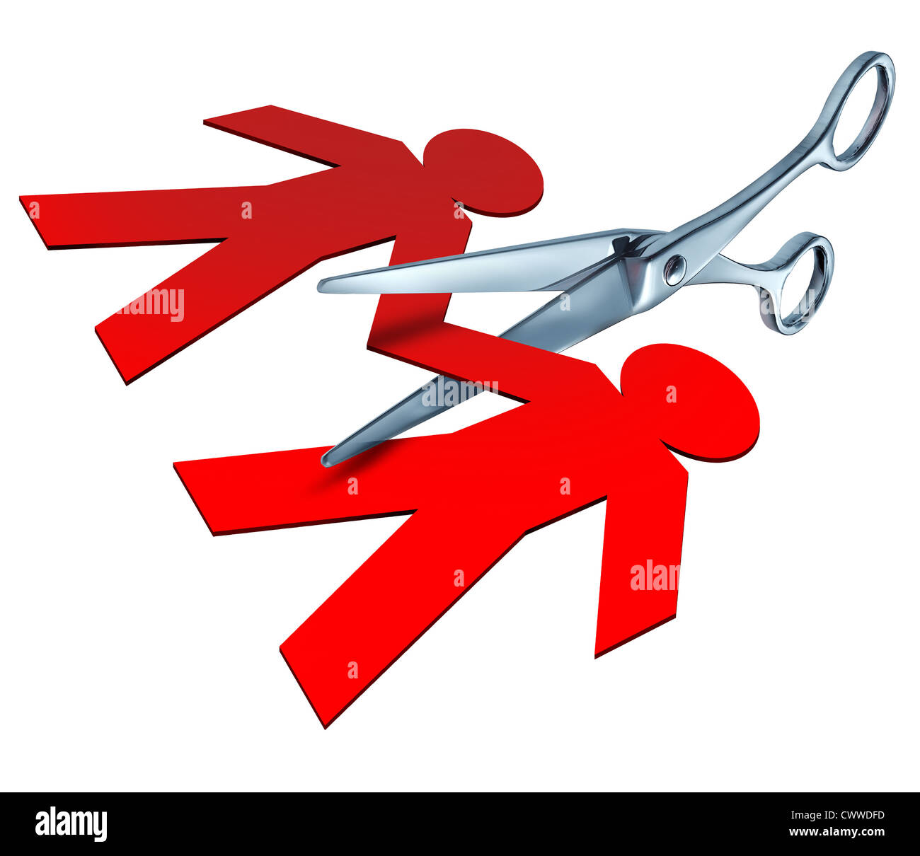 Divorzio e separazione rappresentata da una coppia di profilati metallici  di taglio a forbice in un rosso carta tagliata fuori un paio di persone che  rappresentano la rottura e il taglio dei
