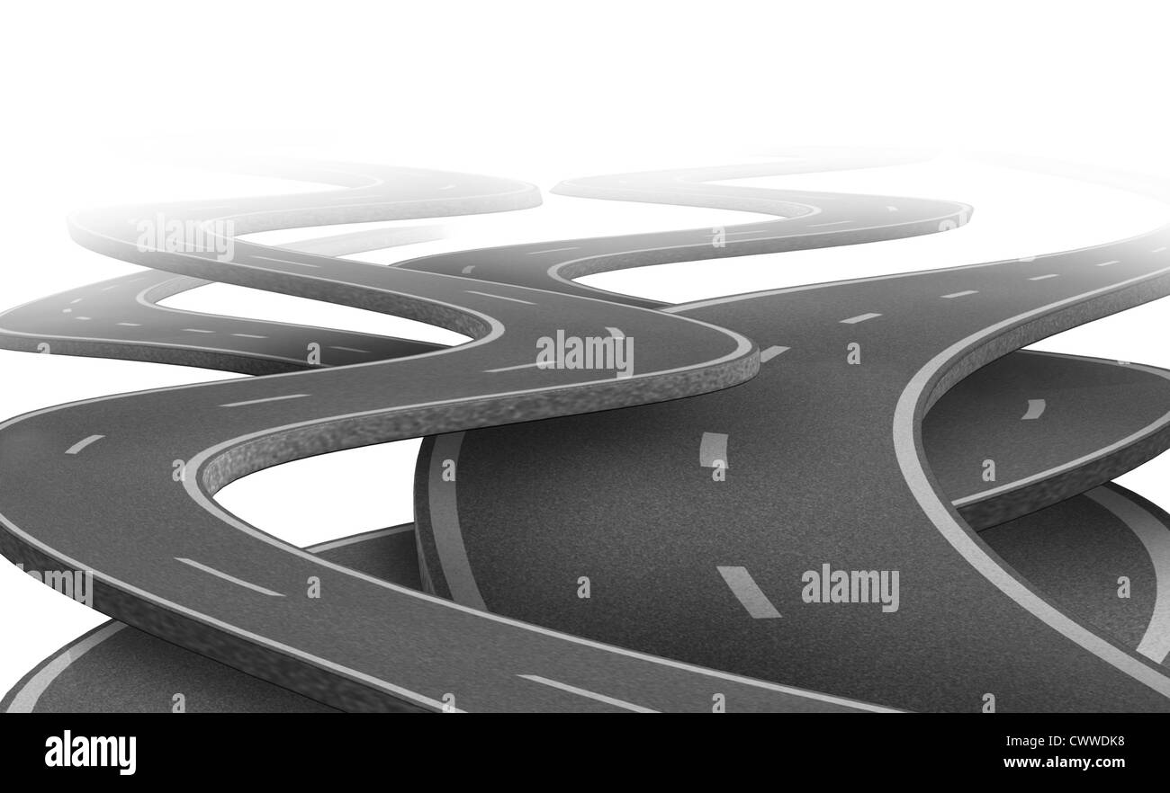 Cammino incerto e la futura strategia e alla scelta che rappresentano il dilemma e concetto di scegliere il giusto percorso strategico per il business dopo la pianificazione rappresentato da aggrovigliato di strade e autostrade in una confusa direzione. Foto Stock