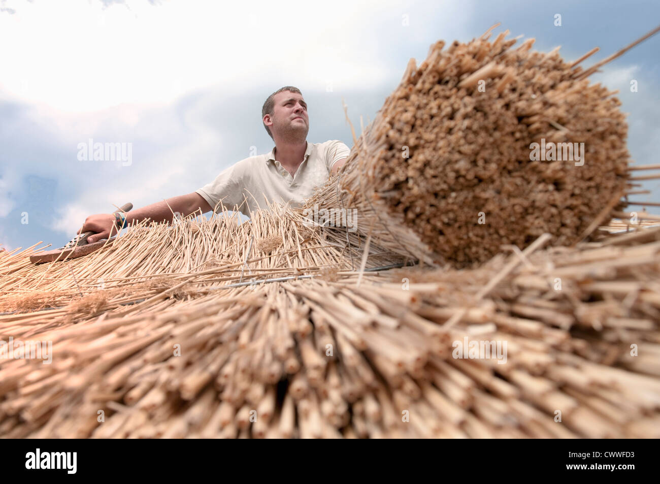 Uomo al lavoro su tetto di paglia Foto Stock