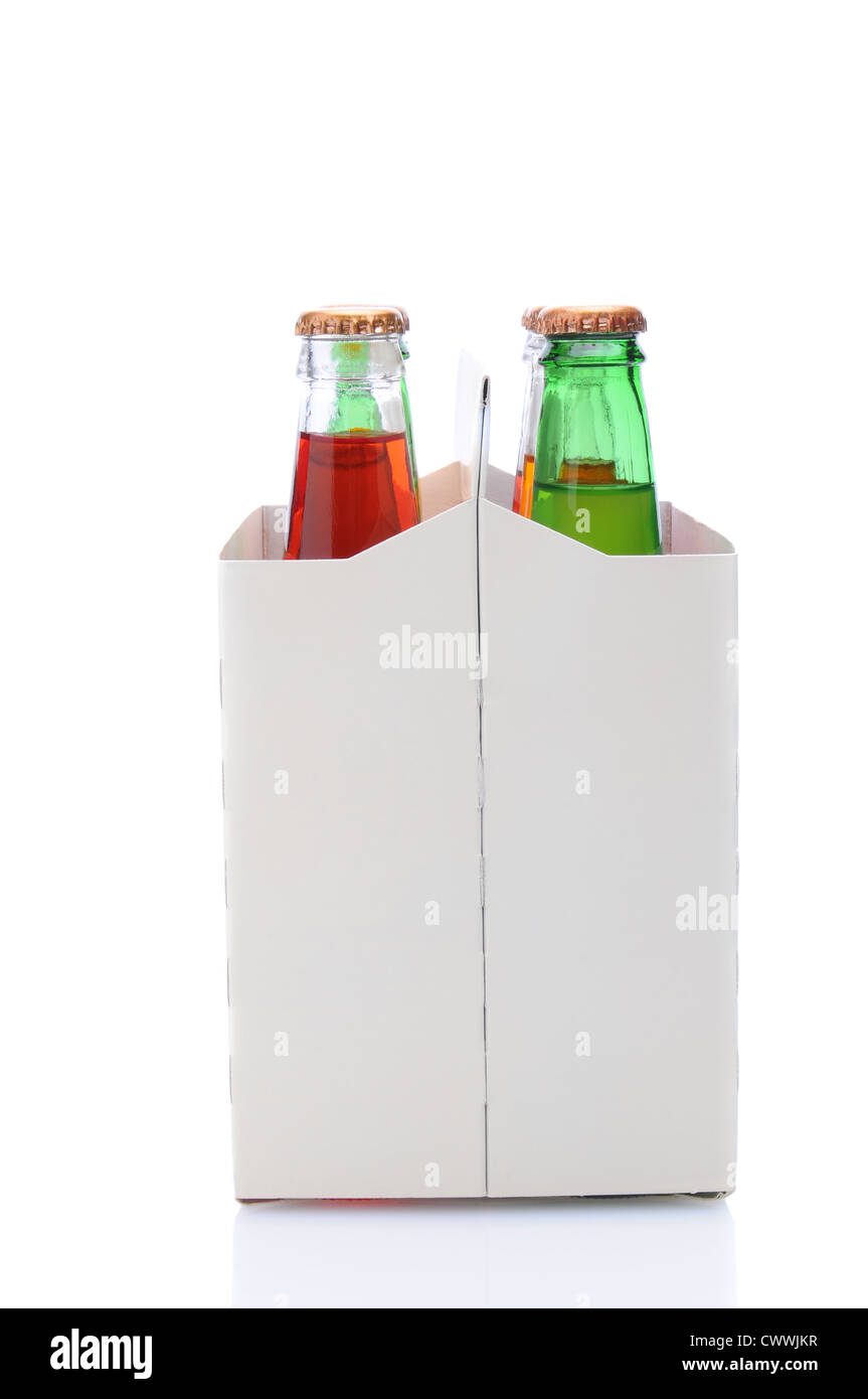 Una vista di estremità di un six pack assortiti di soda bottiglie su uno sfondo bianco con la riflessione. Foto Stock