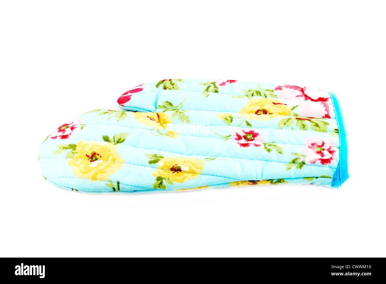 In prossimità della cucina di guanto protettivo su sfondo bianco Foto Stock