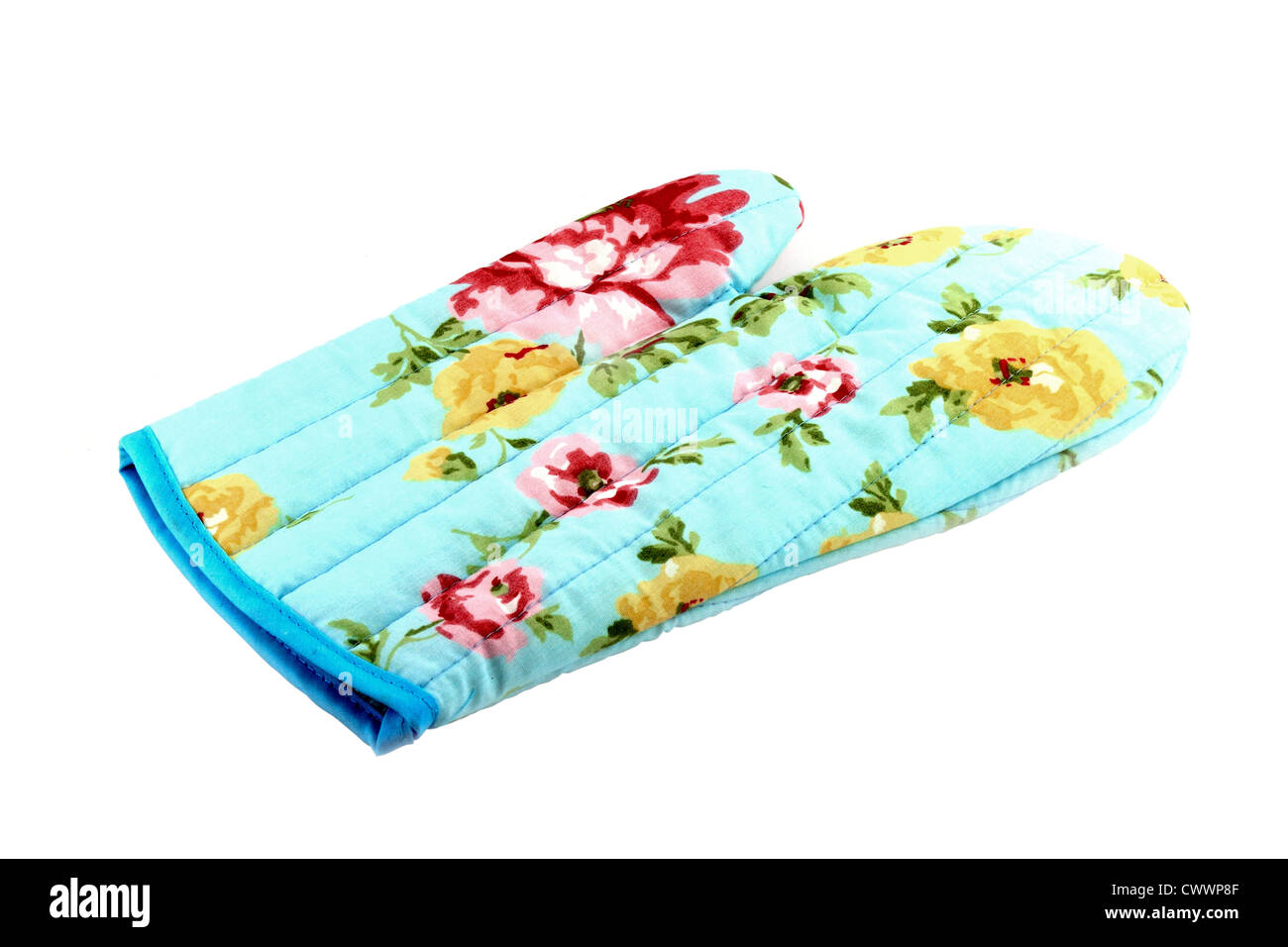 In prossimità della cucina di guanto protettivo su sfondo bianco Foto Stock