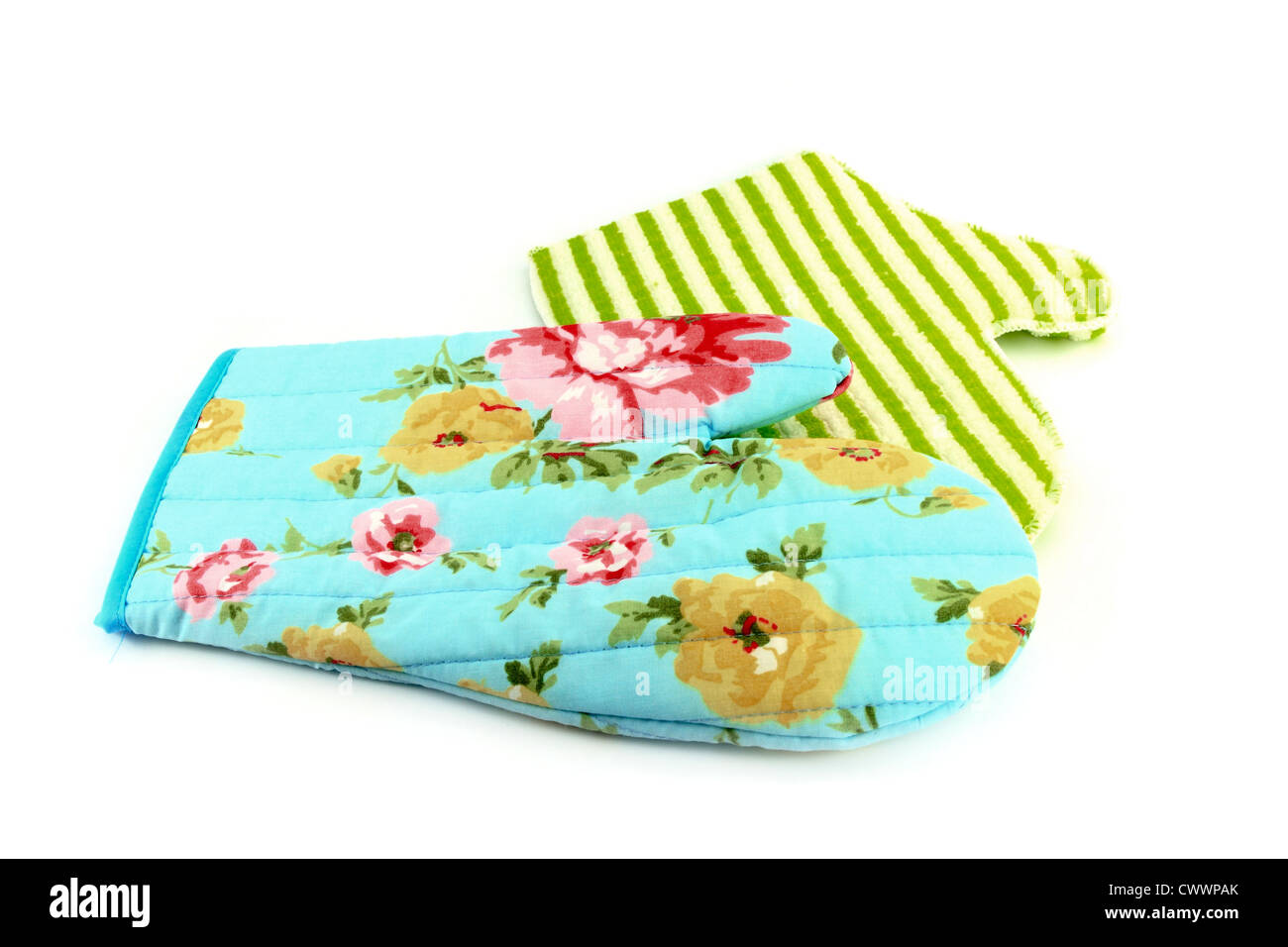 Due i guanti da forno in ciano e verde Foto Stock
