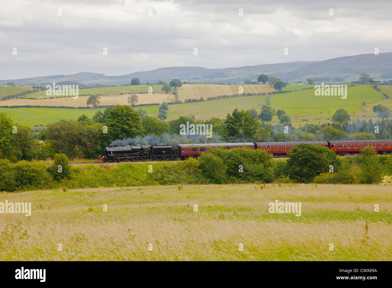 LMS Stanier Class 5 4-6-0 45305 treno a vapore vicino Duncowfold, Cumwhinton, accontentarsi di linea di Carlisle, Eden Valley, Cumbria, Inghilterra Foto Stock