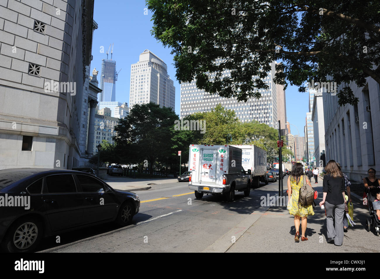 Una strada di Manhattan Civic Center, dove molti i tribunali e i palazzi del governo si trovano. Foto Stock
