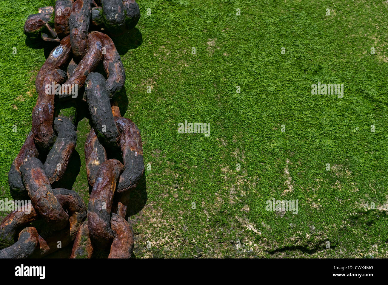Rusty catena sulla roccia di muschio Foto Stock