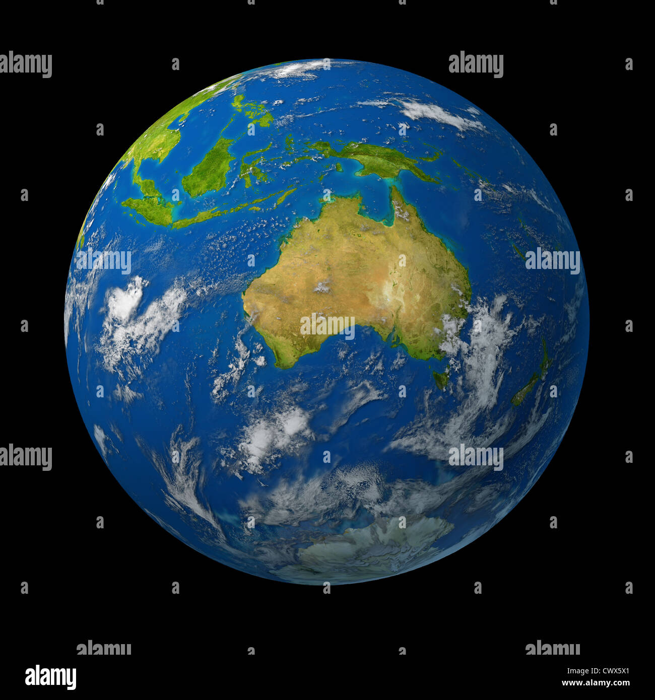 Australia sul globo terrestre che rappresenta il continente australiano con la città di Sydney e Melbourne sul continente di Oceana in pacific rim rappresentato su una mappa del mondo su sfondo nero. Foto Stock