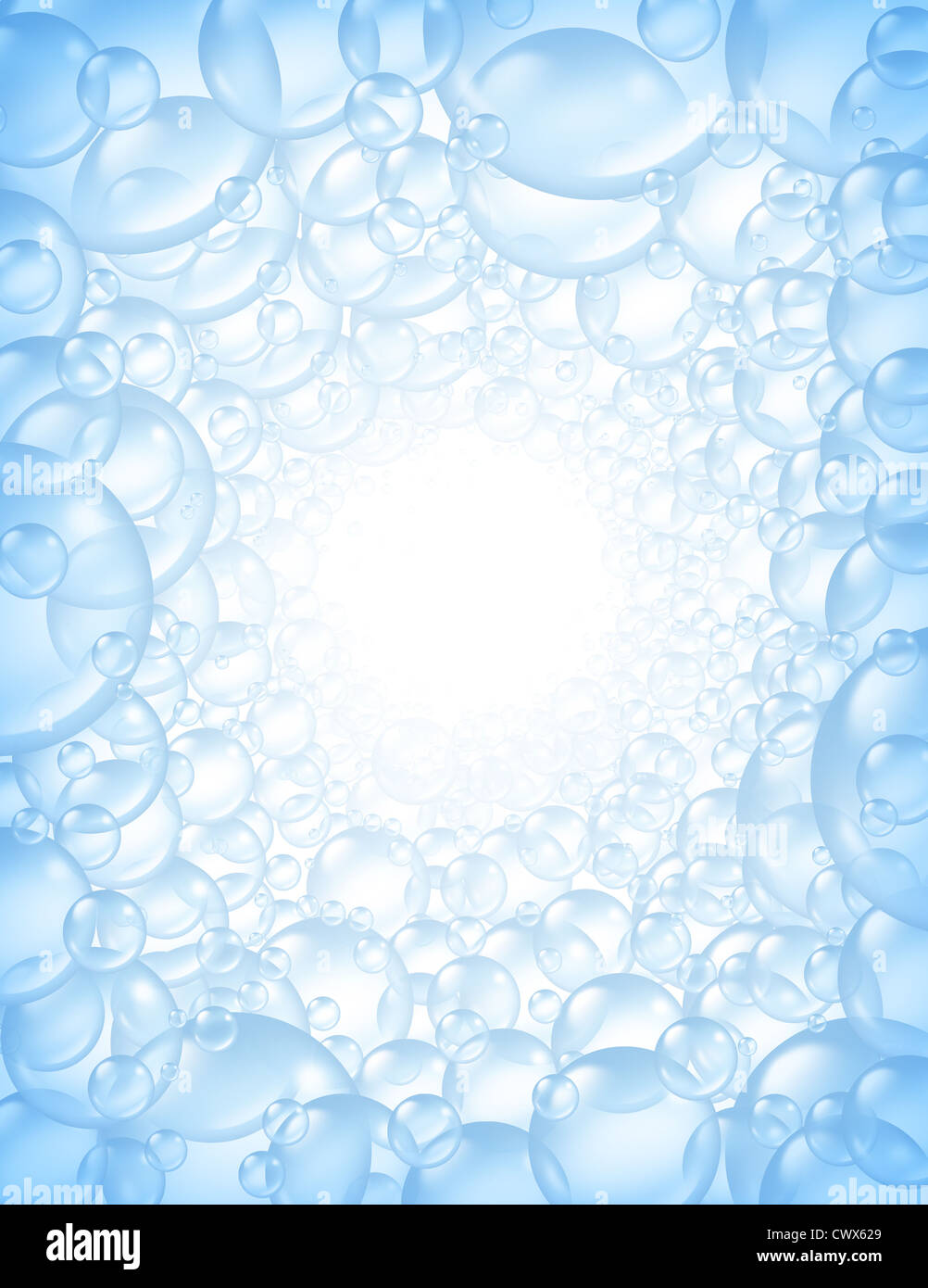 Sfondo di bolle in prospettiva con centro glow e bagno trasparente schiuma di sapone con il mucchio di sfere di schiuma in molti circolare Foto Stock