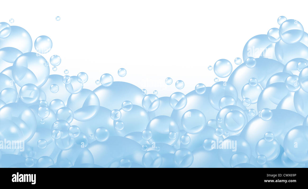 Bolle di formazione di schiuma e bagno trasparente schiuma di sapone con bolla di composizione presso il galleggiante inferiore come pulire la sfera blu ofclean simboli di lavaggio e di freschezza. Foto Stock