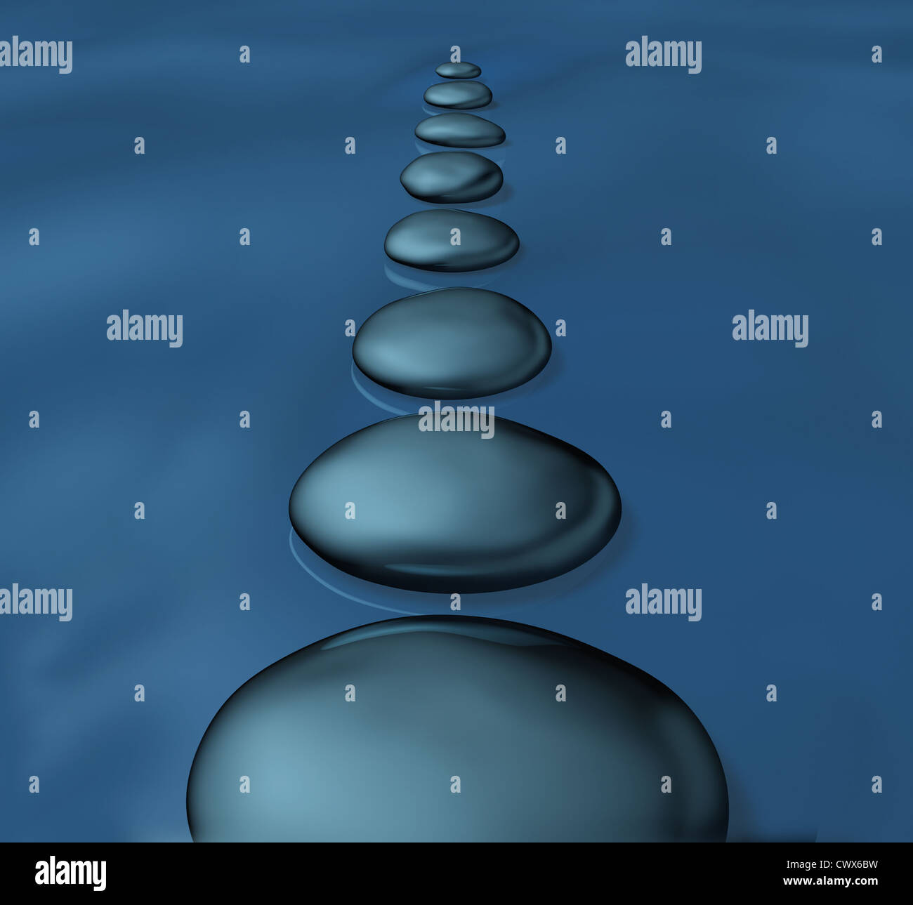 Pietre miliari con rocce levigate in acqua come un simbolo di tranquillità e di equilibrio della spiritualità zen e benessere come uno stile di vita sano per alternativa medicina di meditazione in un trattamento spa come un modo di successo interna. Foto Stock