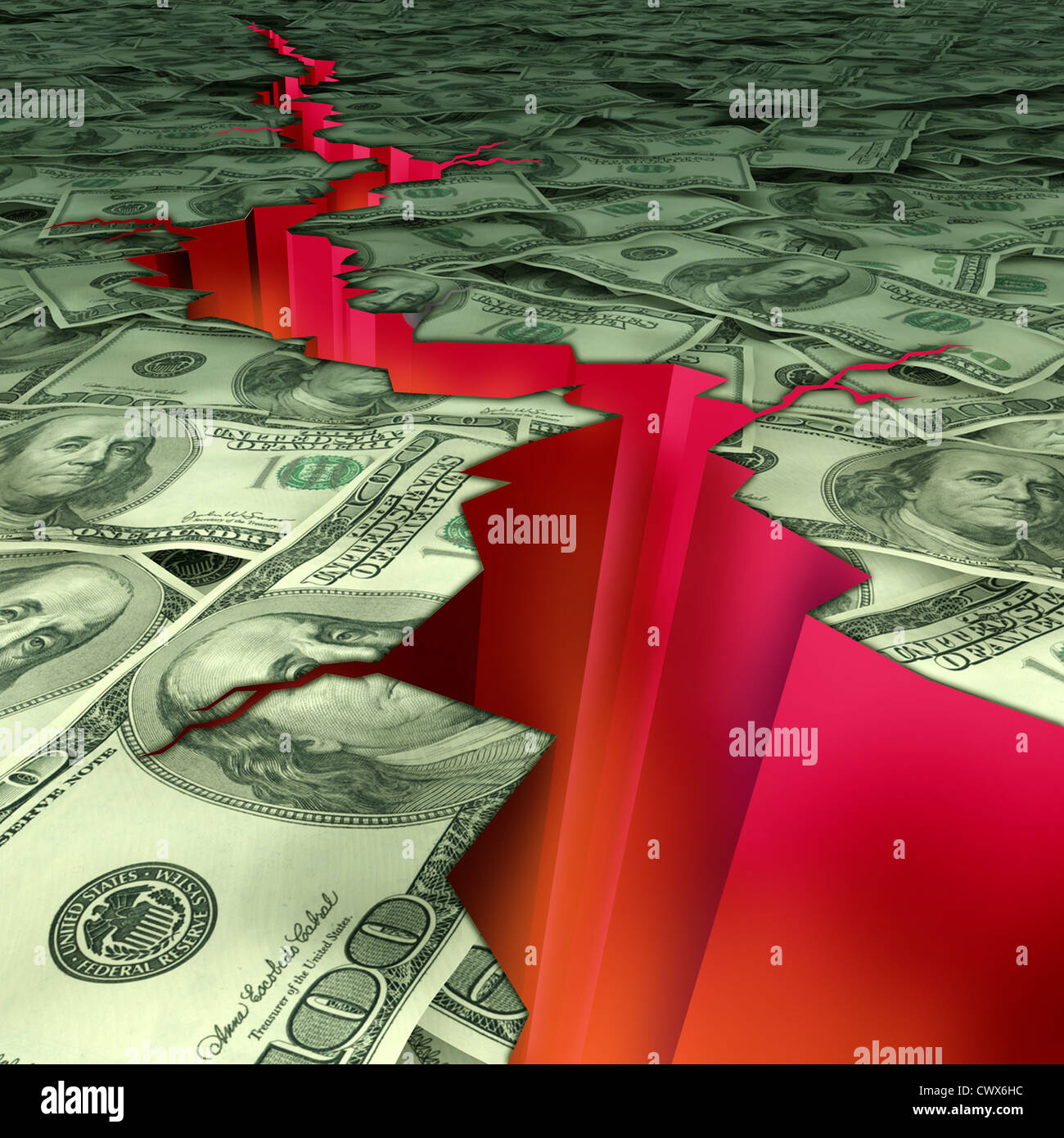 Un disastro finanziario ed economico il simbolo del terremoto e del concetto di economia che lottano e doomsday previsioni del mercato e recesion U.S del debito e del deficit che mostra moneta americana incrinato e danneggiato da un profondo rosso la rottura. Foto Stock