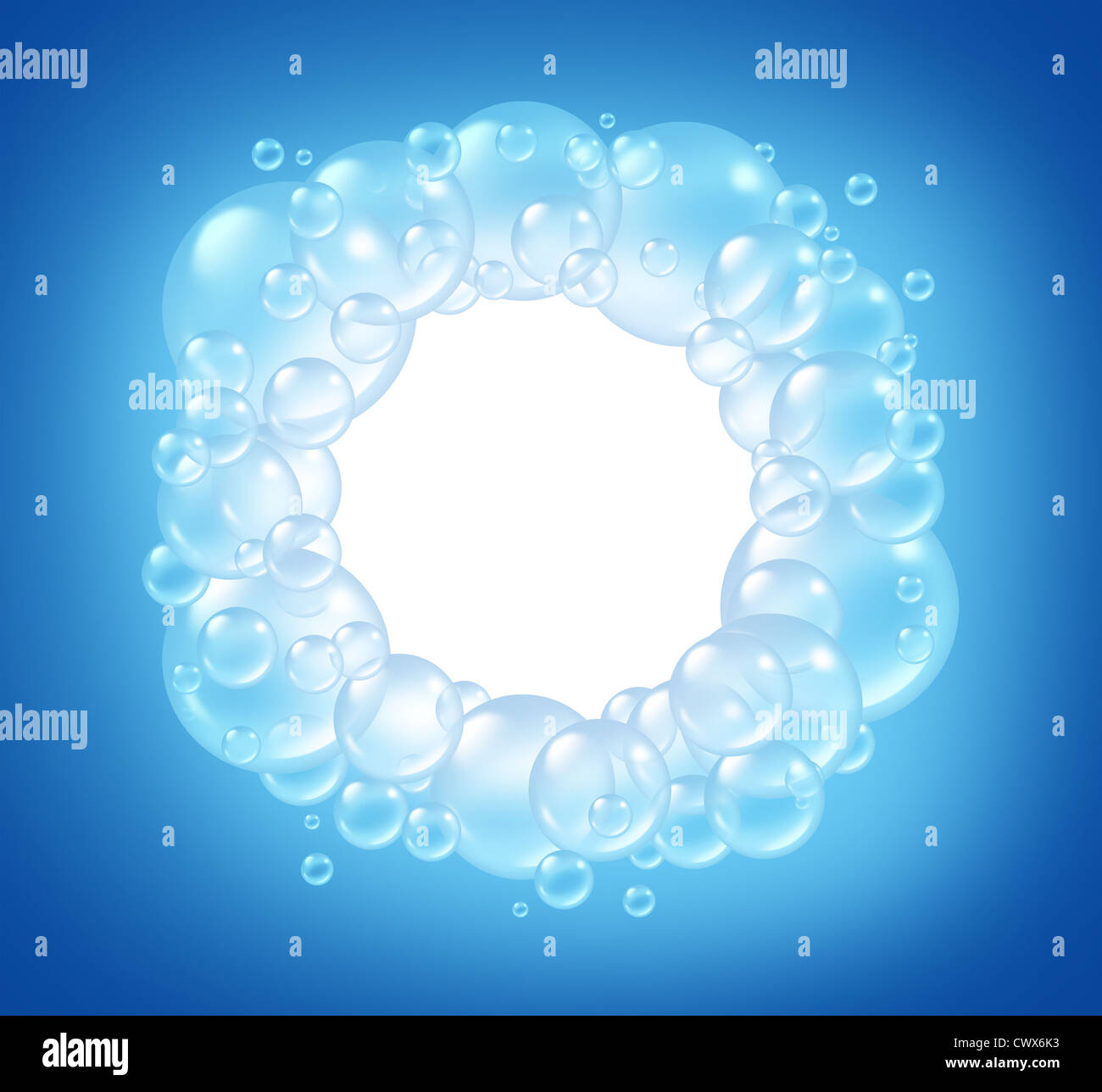 Bolle cerchio vuoto in acqua pulita e trasparente sud soap bubble composizione con una schiuma di sapone in molti formati circolari in aria floating come pulire i simboli blu di lavaggio e freschezza. Foto Stock