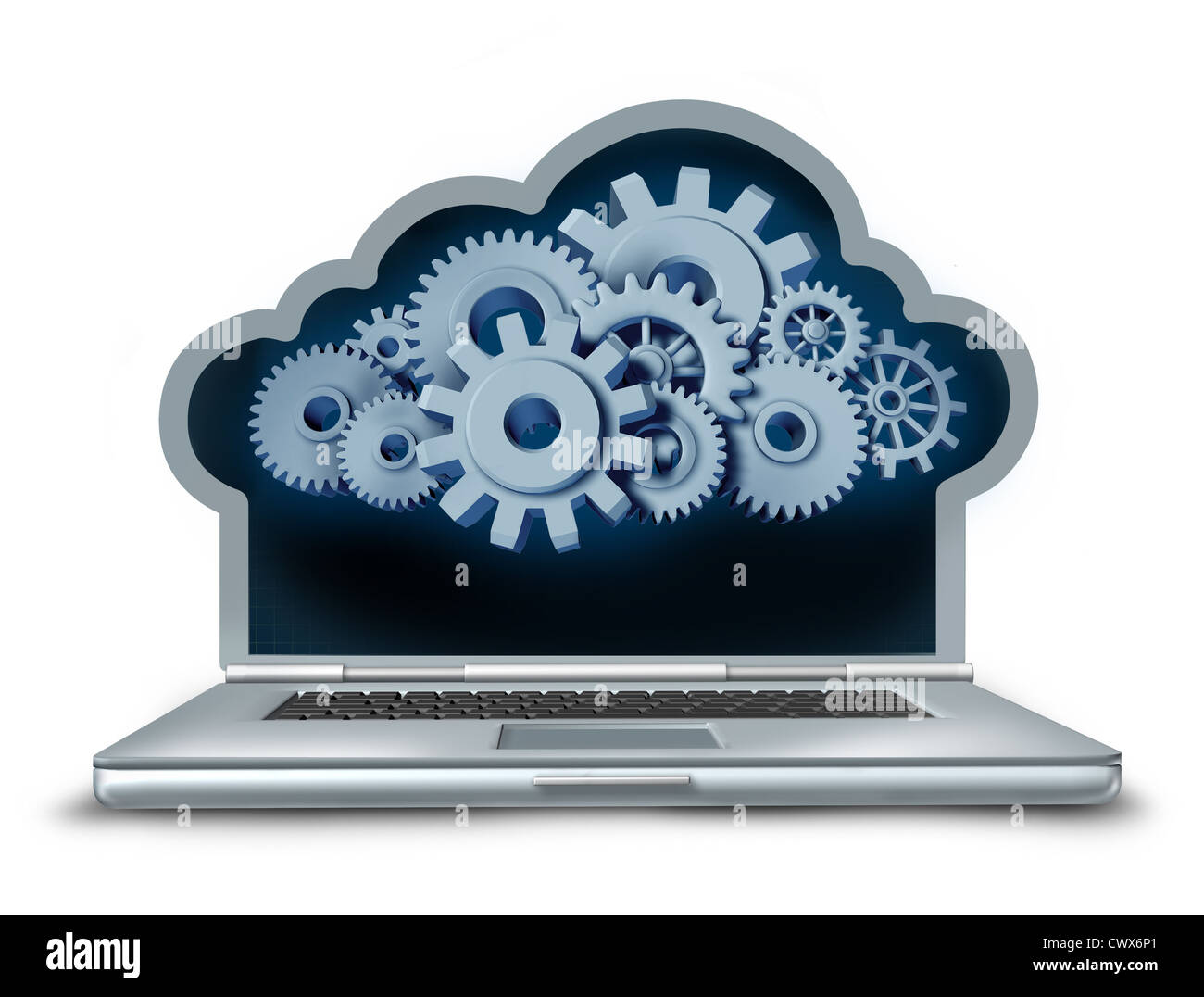Il cloud computing simbolo rappresentato da un computer portatile nella forma di una nuvola che fornisce lo streaming di contenuti digitali da un server remoto per il dispositivo di elaborazione fatta di ingranaggi e ruote dentate. Foto Stock