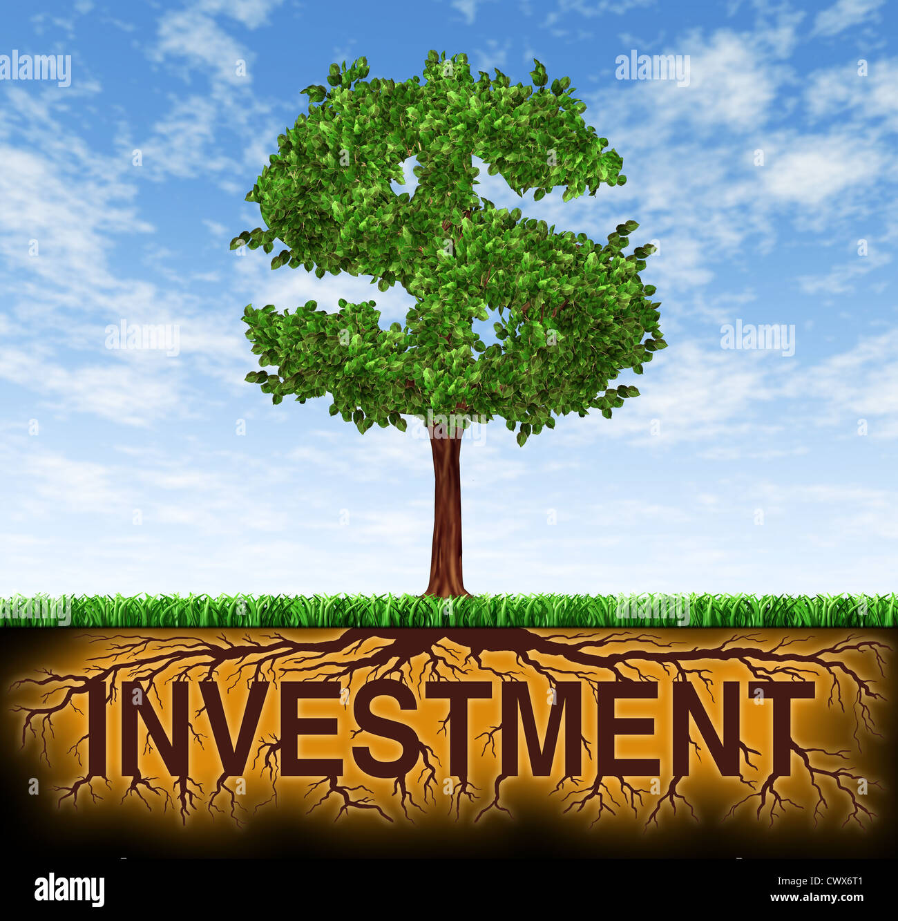 Gli investimenti e la crescita finanziaria simbolo con un albero a forma di simbolo del dollaro e le radici in forma di parola gli investimenti che mostra profitti e a lungo termine wealth building per il successo aziendale e la pianificazione strategica di risparmio e di investimento. Foto Stock