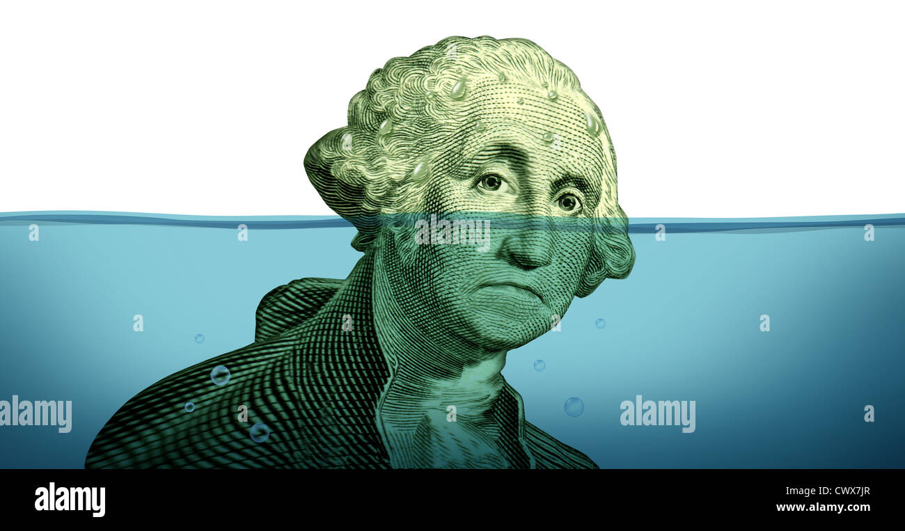 Problemi di debito e di mantenere la vostra testa finanziari al di sopra dell'acqua rappresentata da un annegamento di George Washington ritratto che affonda in acqua blu come simbolo di urgent business e di gestione del denaro e mancata sconfitta. Foto Stock