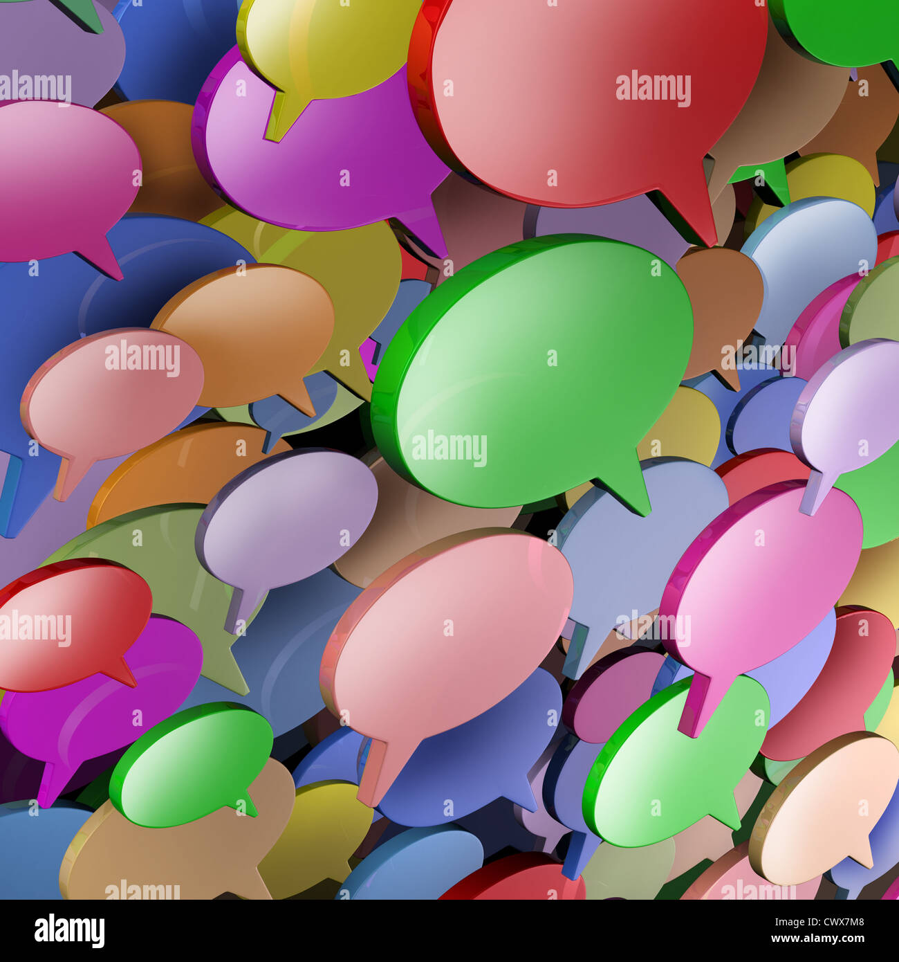 Comunicazione sociale Rete con parola bubble chat su internet come un digital web discussione utilizzando i telefoni cellulari e i telefoni cellulari e i computer tablet per fare video chiamate conversazioni e la condivisione di informazioni e dati. Foto Stock