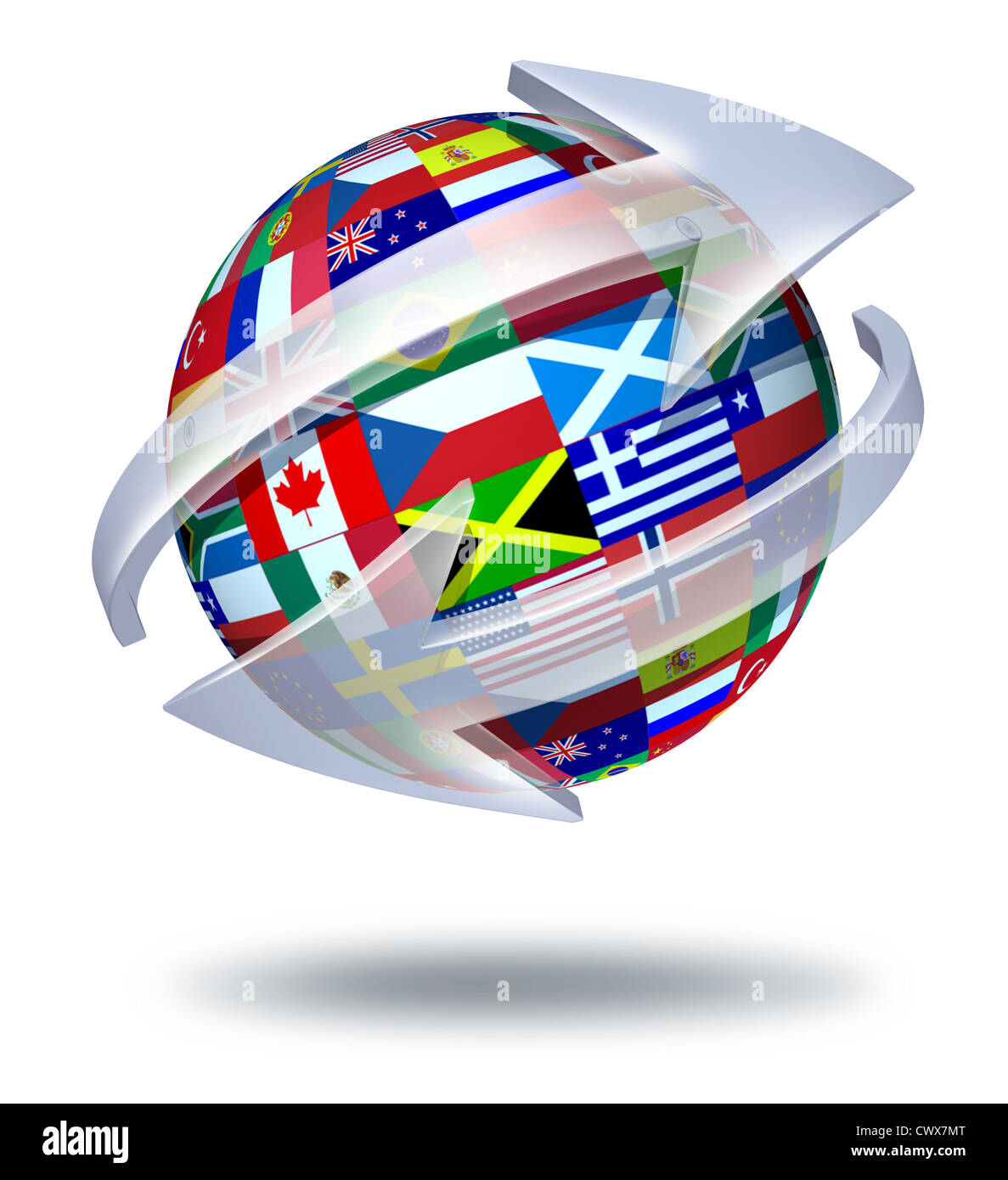 Mondo simbolo di comunicazioni e connessioni globali concetto con bandiere internazionali del mondo con due frecce curve va. Foto Stock