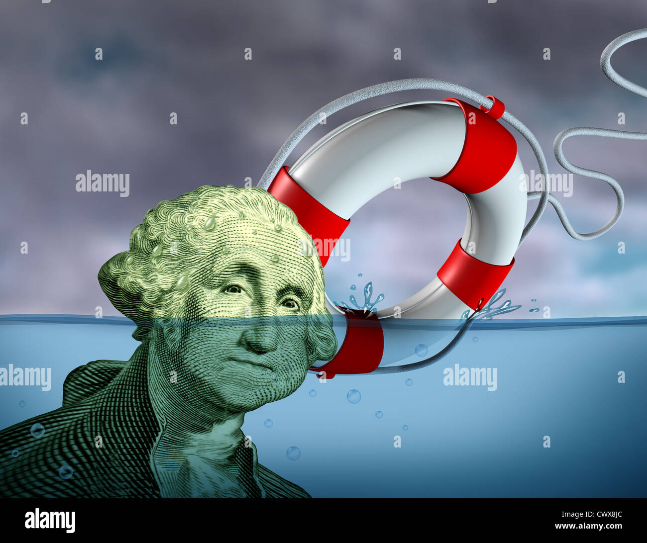Salvataggio finanziario da problemi di debito e mantenendo i vostri investimenti al di sopra dell'acqua rappresentata da un annegamento di George Washington Foto Stock
