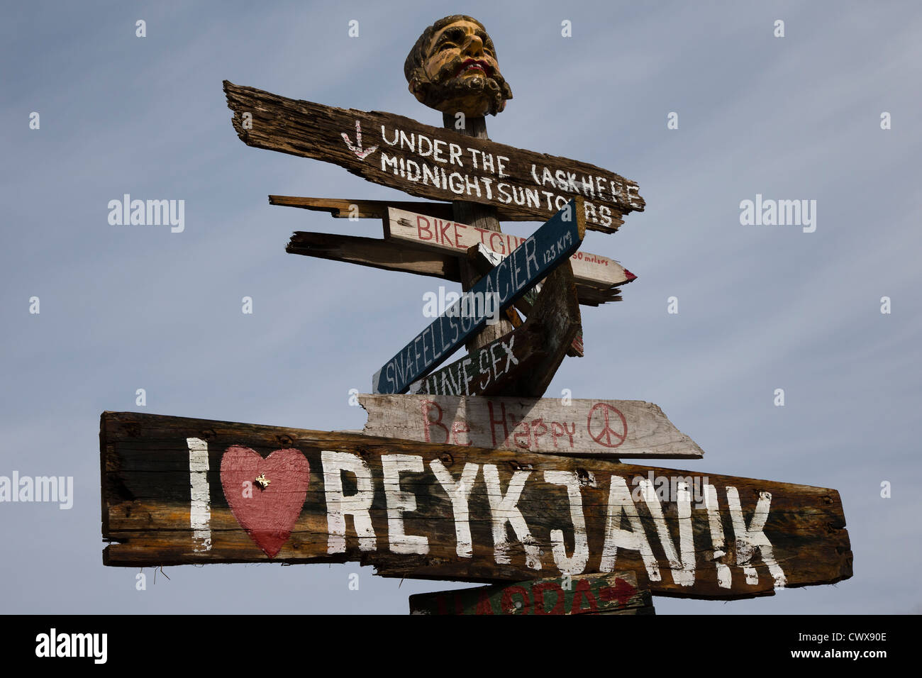 Divertente informazioni turistiche segno posto sul porto di Reykjavik, Islanda. Foto Stock