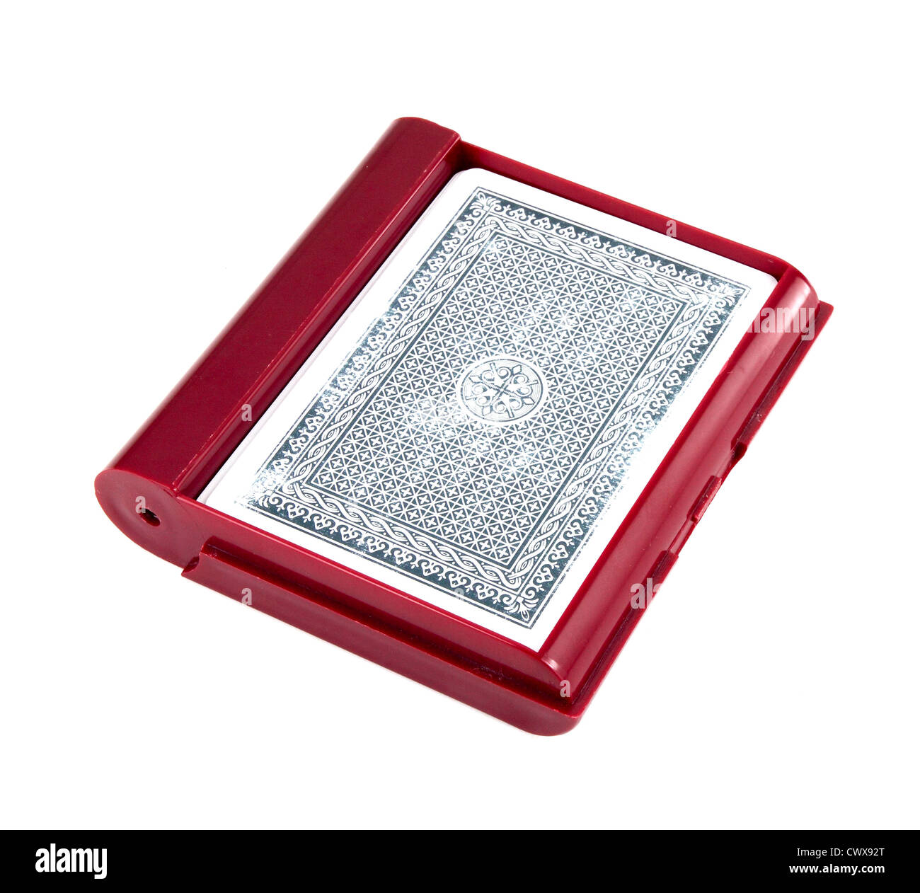 Carte da gioco in scatola su sfondo bianco Foto Stock