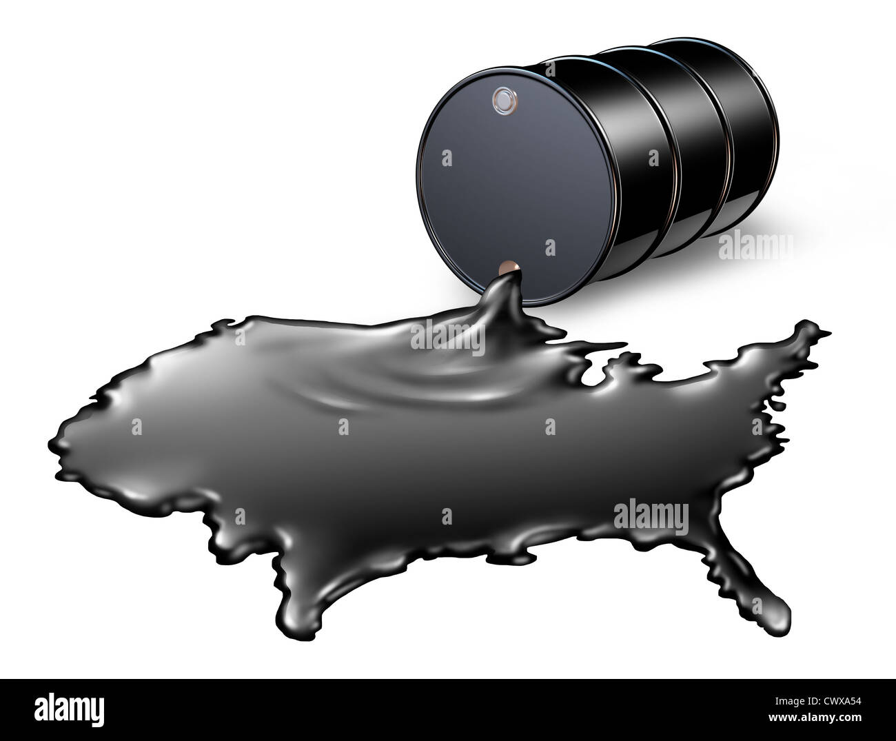 American Oil Industry con un tamburo nero canna di colata e la fuoriuscita di combustibile fossile grezzo di liquido come una mappa degli Stati Uniti che mostra l'energia finanziaria concetto aziendale di perforazione e la dipendenza dal petrolio da parte del governo statunitense e l'energia politica polic Foto Stock