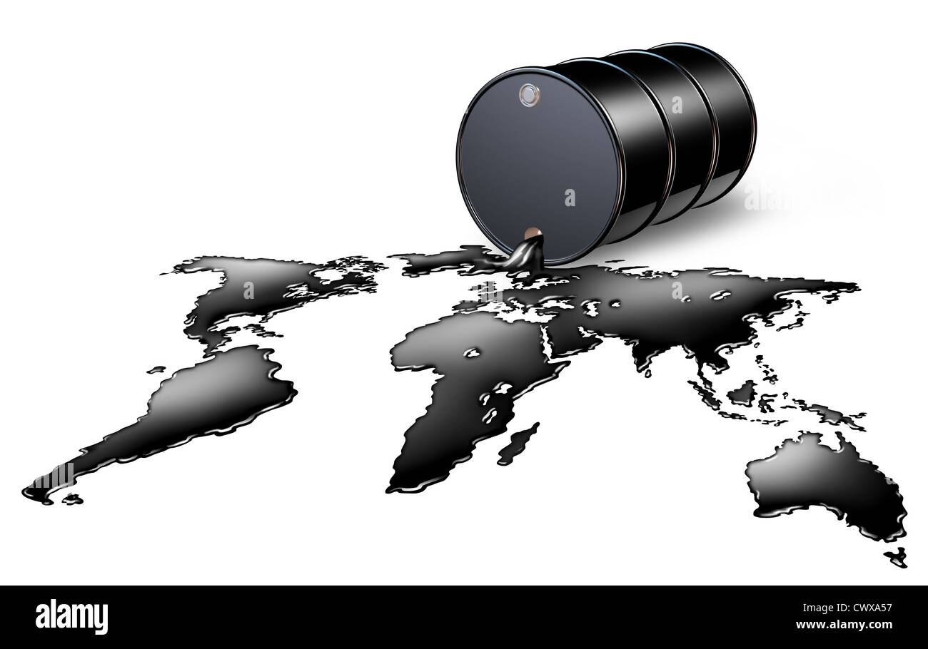 Industria Petrolifera con un tamburo nero canna di colata e la fuoriuscita di combustibile fossile grezzo di liquido come una mappa del mondo che mostra la financ Foto Stock