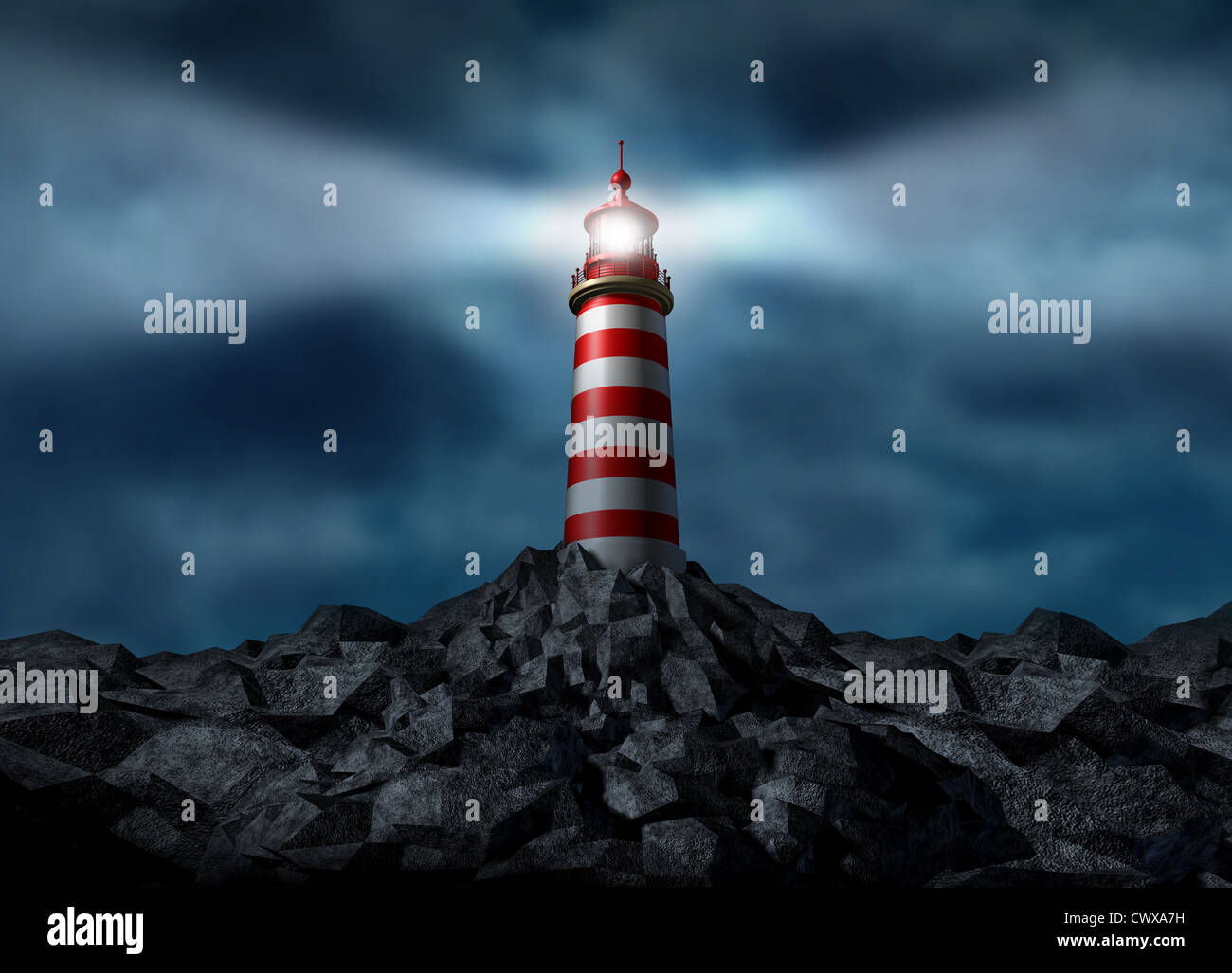 Faro la cancellazione del percorso su una roccia di montagna come una guida strategica simbolo con un raggiante luce direzionale la concezione di business con un alta torre per la sicurezza e la chiara direzione assistenza nella pianificazione di una impresa finanziaria strategia con risposte e co Foto Stock