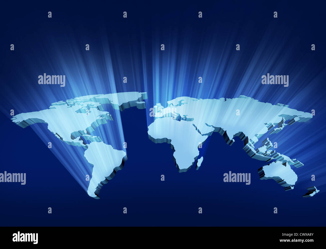 Luminose e splendenti 3D Wold Mappa con Stati Uniti d'America Europa Africa Americhe Asia e come un simbolo internazionale delle comunicazioni globali e intercontinental business basato su tre dimensioni illustrazione di un modello di terra. Foto Stock