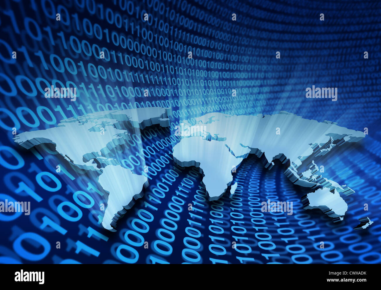 Global internet business e l'e-learning con incandescente e splendente 3D Wold Mappa con Stati Uniti d'America Europa Africa Americhe Asia e come un Foto Stock