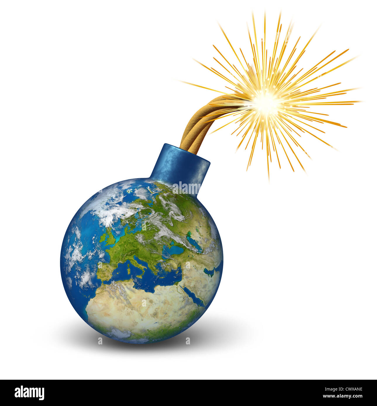 Europa bomba finanziaria come una mappa terrestre dell Unione europea con accesa bruciare il fusibile con il fuoco scintille fealing il calore come una pericolosa economica Euro del debito e di avviso urgente crisi bancaria con paesi come la Francia Italia Grecia Spagna Portogallo. Foto Stock