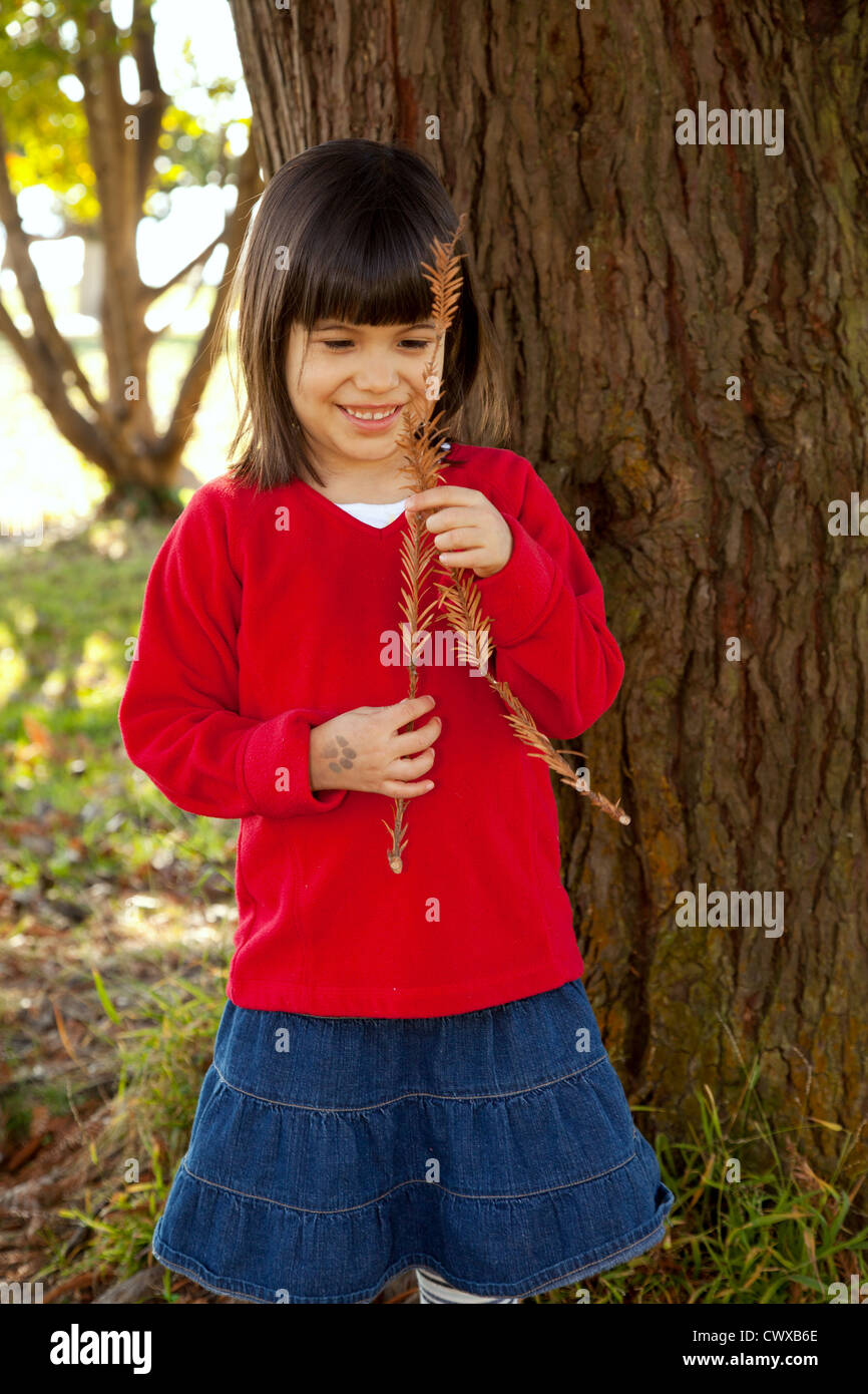 Bambina tenendo un ramo di pino Foto Stock