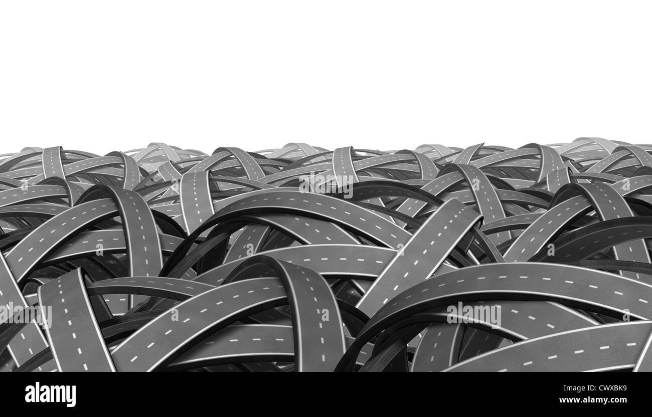 La ricerca e la ricerca o trovare da una direzione perso andando da nessuna parte nel mondo degli affari e della vita simbolo rappresentato da aggrovigliato bundeled strade e autostrade tra loro collegate in un caotico non chiara direzione complicata e percorso di dubbi e perplessità che non ha fine o inizio come WR Foto Stock