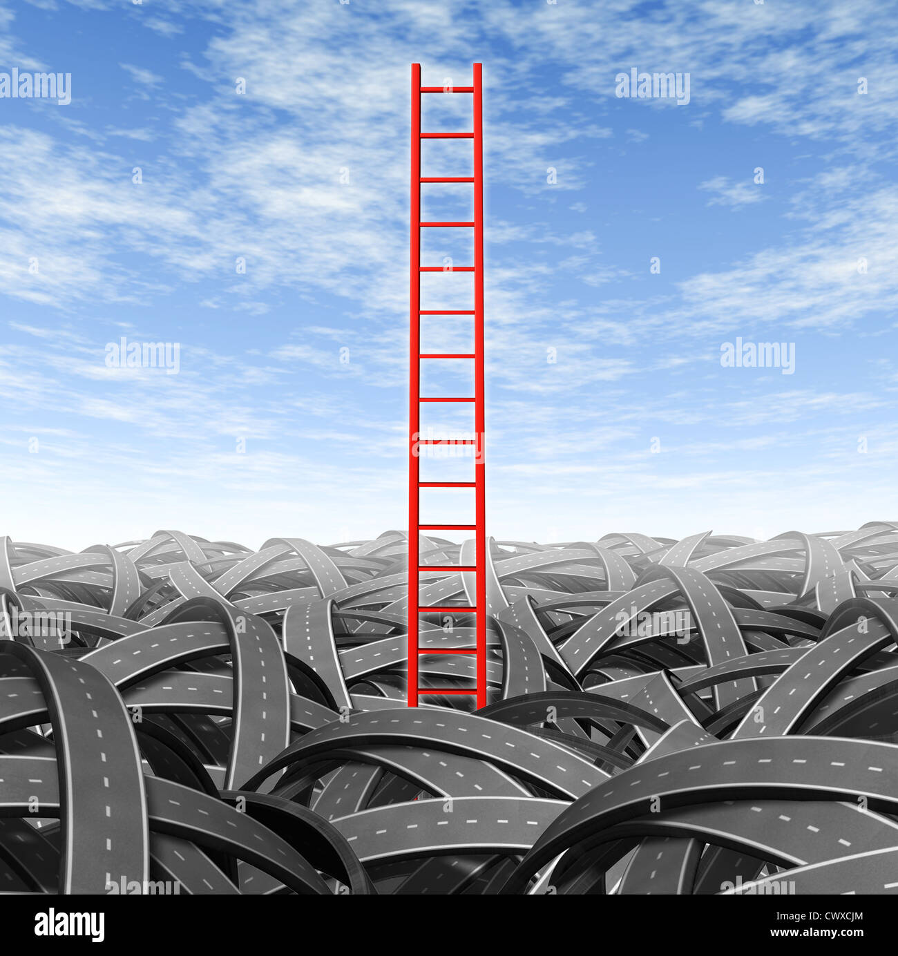 Soluzione strategia e la rottura e la fuga da problemi aziendali e sfide finanziarie con una scala rossa che esce da un paesaggio pila di aggrovigliarsi strade su un cielo blu. Foto Stock
