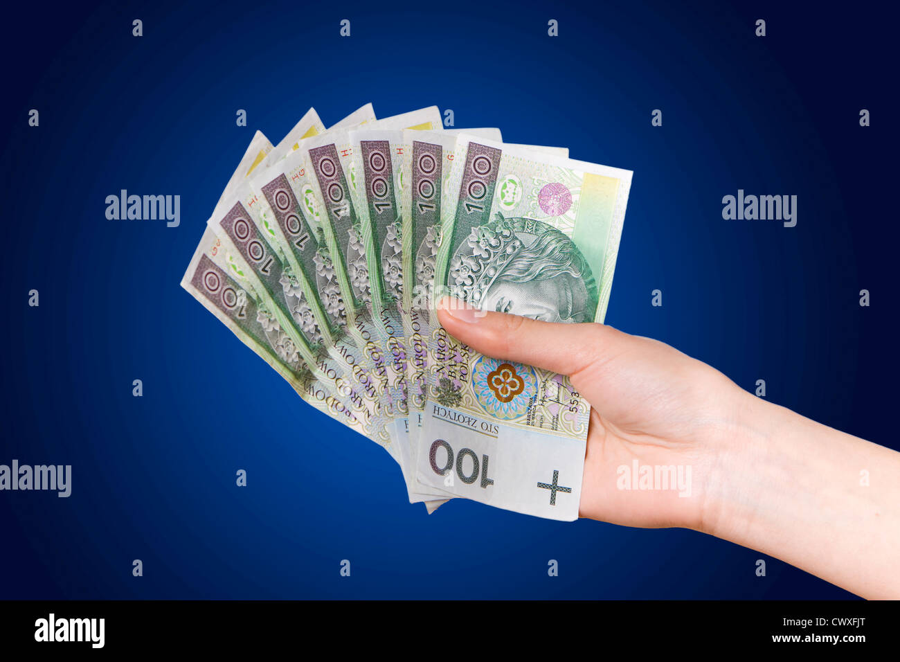 La mano con il polacco soldi su sfondo blu Foto Stock